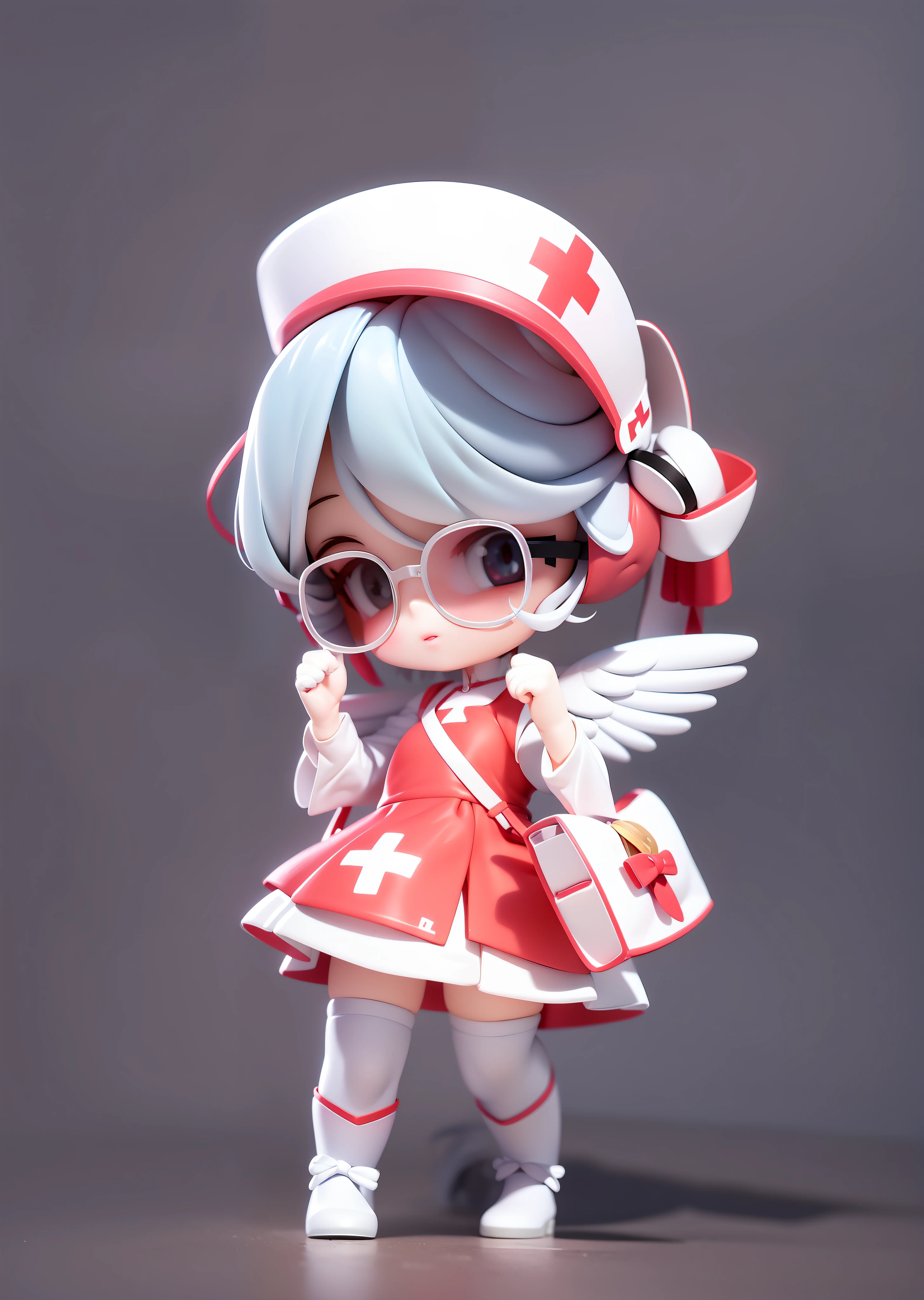 (Digital painting), (C4D), delicate material, white pigment, a doll of a girl wearing a nurse's hat, a bird's mouth, a white frame, white feathers on the face and arms, white wings on the back, carrying a white nurse bag, wearing a white skirt, the overall color scheme is only white