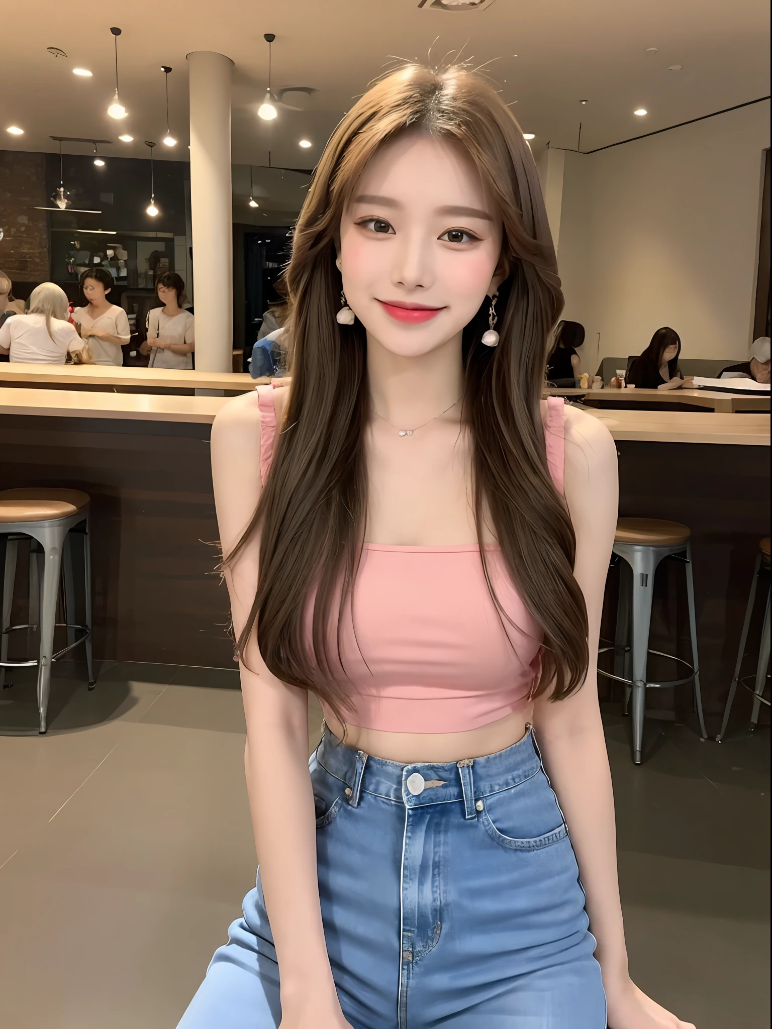 In the café, 1 girl, hairpins, earrings, jewelry, brown hair, looking at the audience, lips, playful, sitting in front of the drawing board, drawing, thighs, full body, pink top, strappy denim shorts, holding a coffee cup, with a sweet smile on her face, arms swinging naturally, seemingly dancing in harmony with the surroundings. Her breath is full of vitality and vitality, as if her whole body is venting the energy of youth. The whole picture is made more vivid by her presence, making people feel endless joy and vitality.