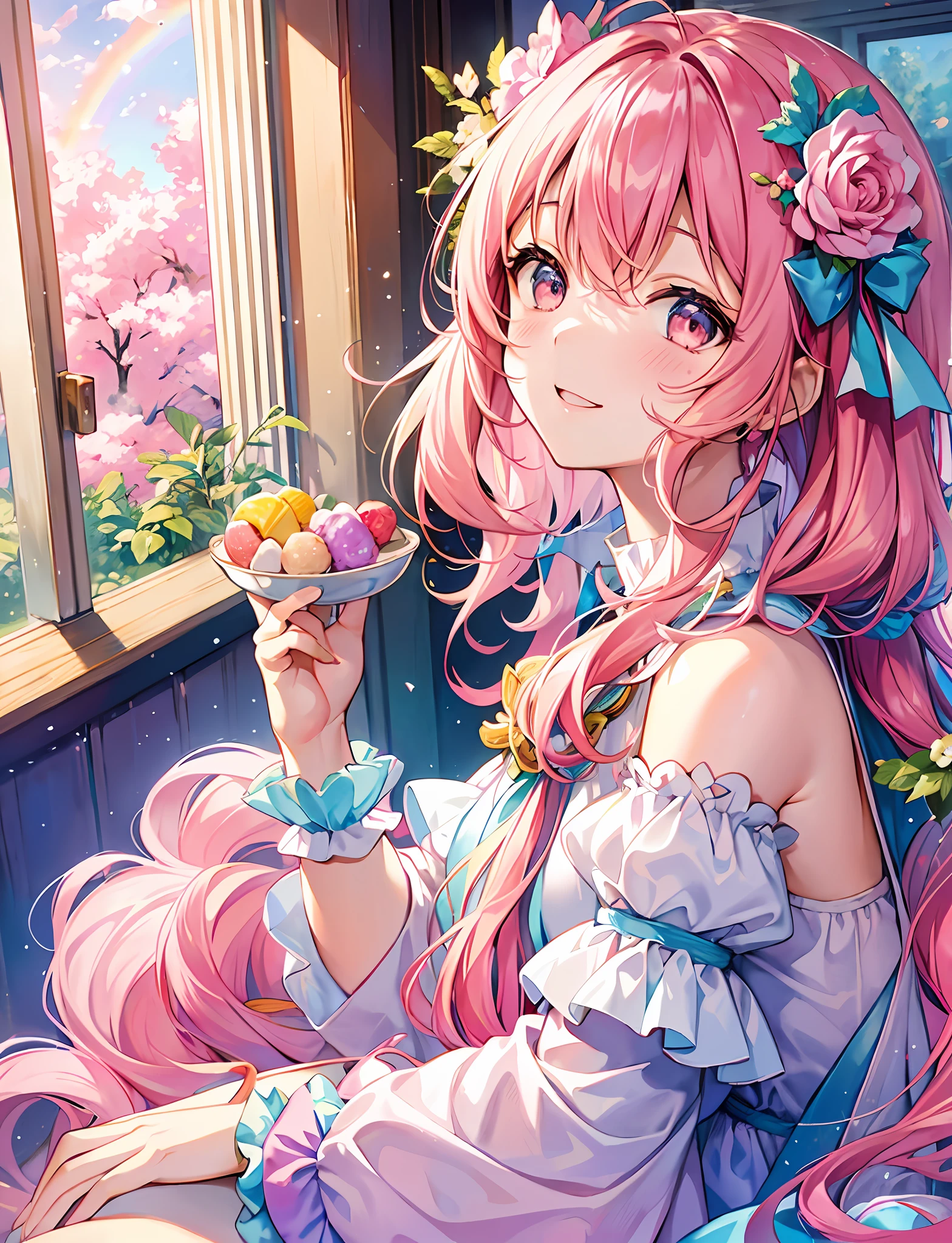 Yumekawa, dreamily cute, pale pink, moya, (masterpiece, highest quality, highest quality, watercolor (medium), official art, (2 girls: 1.3), upper body, from the side, looking at the viewer, pattern, (twin-tailed pink hair: 1.2), sweets, rainbow, clouds, colorful, cute, pastel, smile, princess-like room, fantastic,