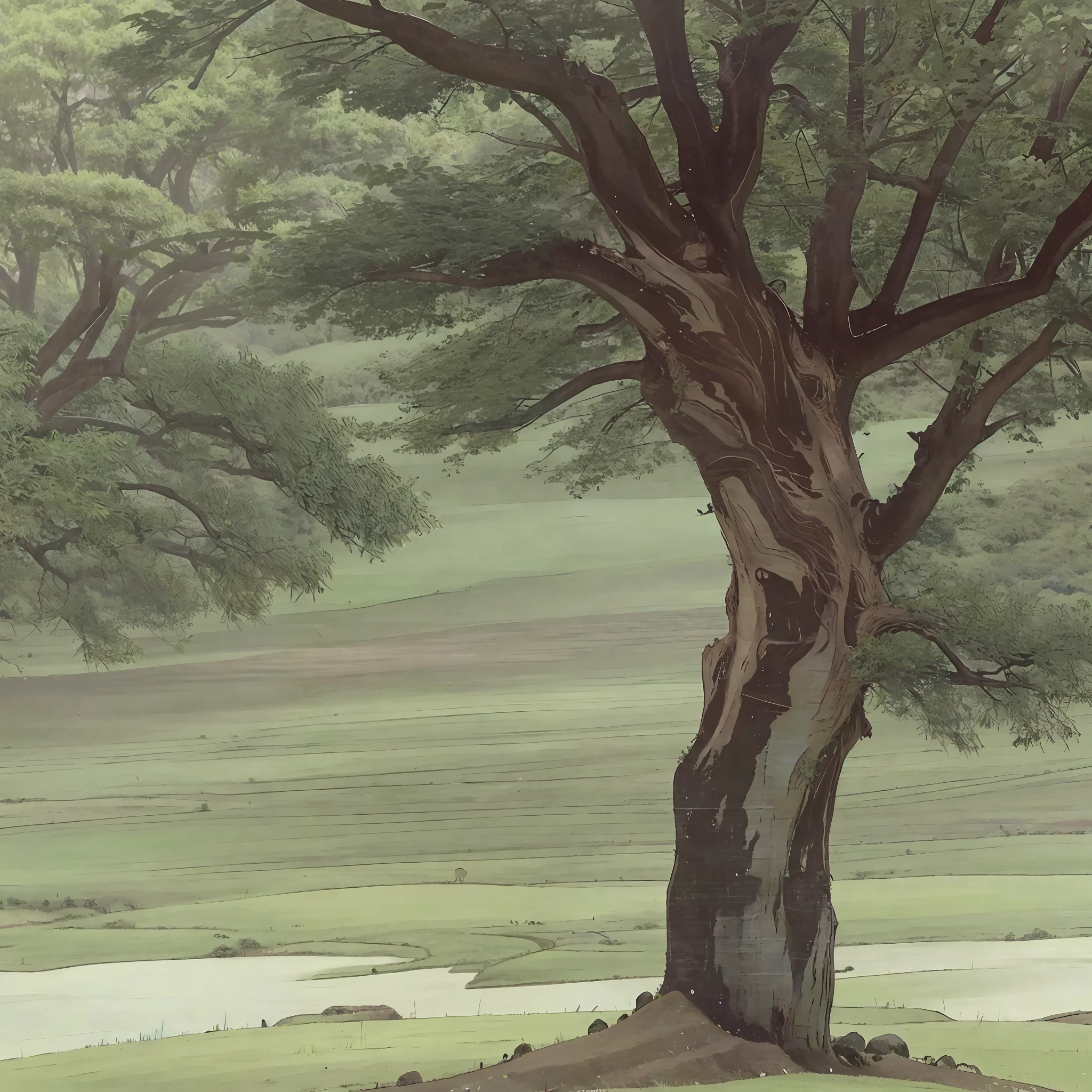 I saw a small hillside on the green grassland in the distance, and on the hillside there was a large tree growing vigorously, and under the big tree there was a young man meditating