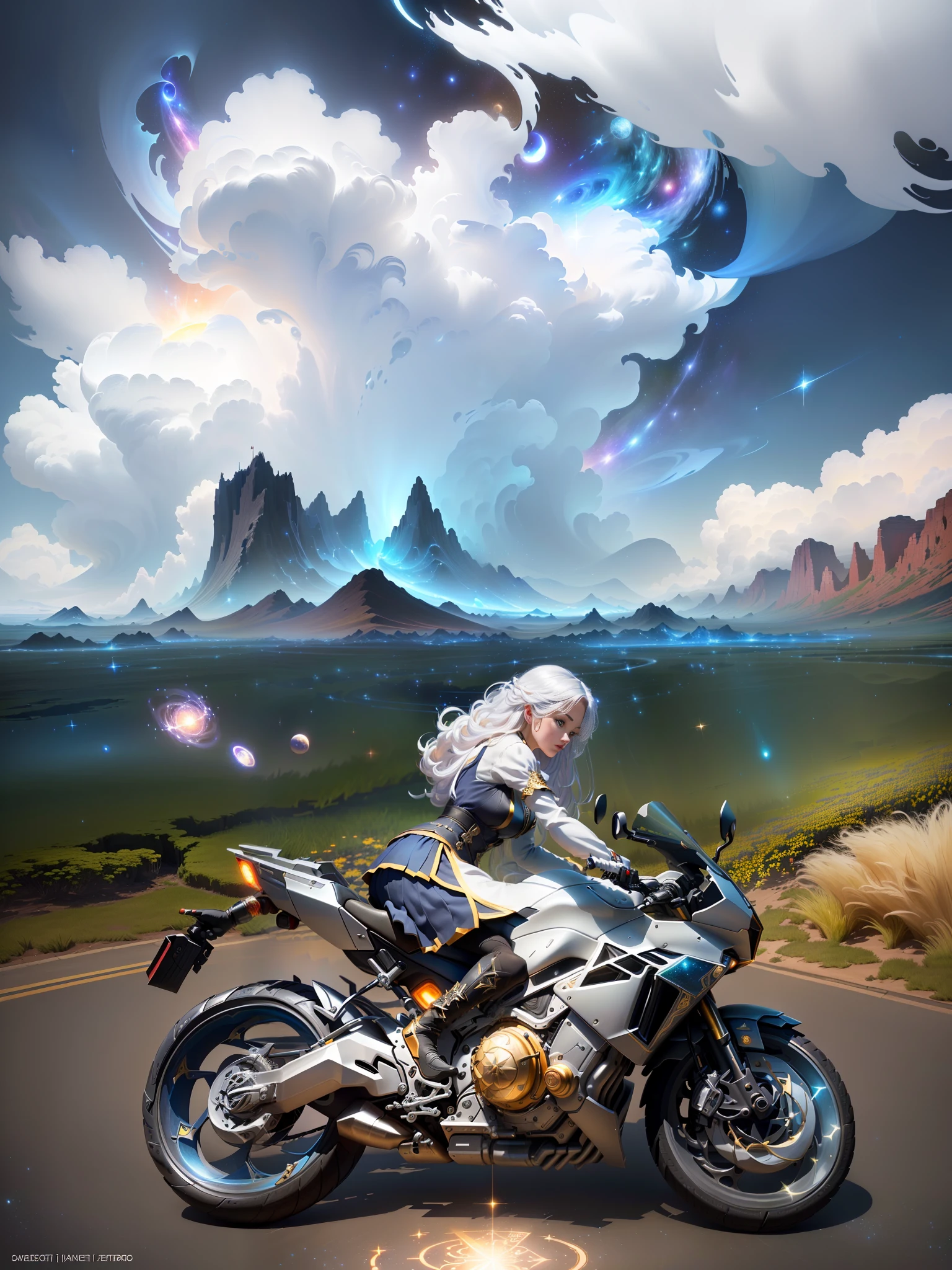 Masterpiece, best quality, (very detailed CG unity 8k wallpaper), (best quality), (best illustration), (best shadows), cosmic theme with natural elements. Circle, surrounded by planetary orbits and turbulence, with fireflies and glowing particle effects, (natural elements), (cosmic theme), (stars), (milky way), (stars), void, (delicate celestial bodies), (luminous), (particle effects). , isometric 3D, Octane rendering, ray tracing, super detailed (extremely detailed CG Unity 8k wallpaper, masterpiece, high quality, super detailed), 1girl (charming girl, lavish decoration, gorgeous, and charming red rose), (dynamic view, dazzling eyes, long silver hair: 1.3, fine collection,) surrounded by arcane runes, (magic and mysterious background, firefly lights, glowing particles, ethereal fog and darkness), high saturation