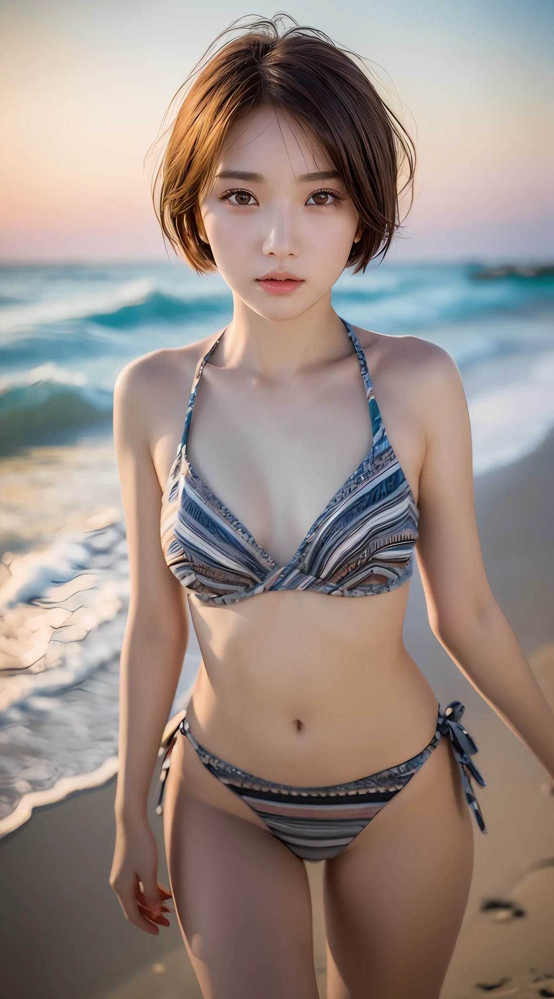 masterpiece, best quality, raw photo, photorealistic, seaside, full body, beautiful girl, cute, short hair, depth of field, high resolution, ultra detail, fine detail, highly detailed, highly detailed eyes and face, sharp pupils, realistic pupils, sharp focus, cinematic lighting