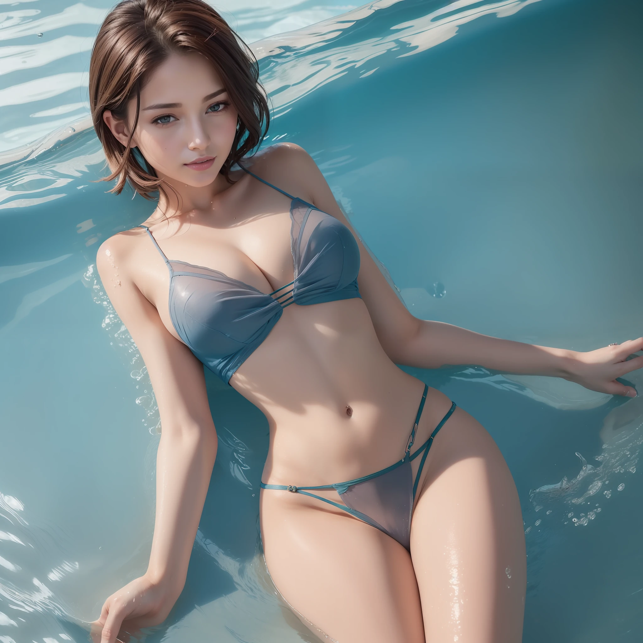 ((Best Quality, 8k, Masterpiece: 1.3)), Sharp Focus: 1.2, Beautiful Woman with Perfect Body: 1.3, Slim Abdomen: 1.4, ((Layered Haircut, Large: 1.2)), Sheer Shirt, (Wet), Smiling, ((Pool)), ((Seducing)), Full Body,