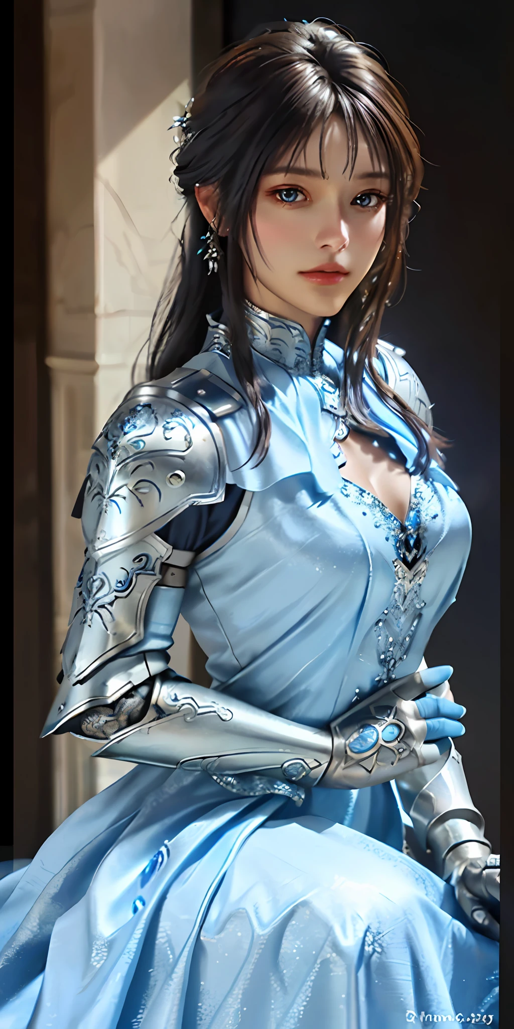 Close-up of a woman in a silver and blue dress, detailed costume art, stunning character art, epic and exquisite character art, beautiful armor, extremely detailed art, detailed digital anime art, girl in armor