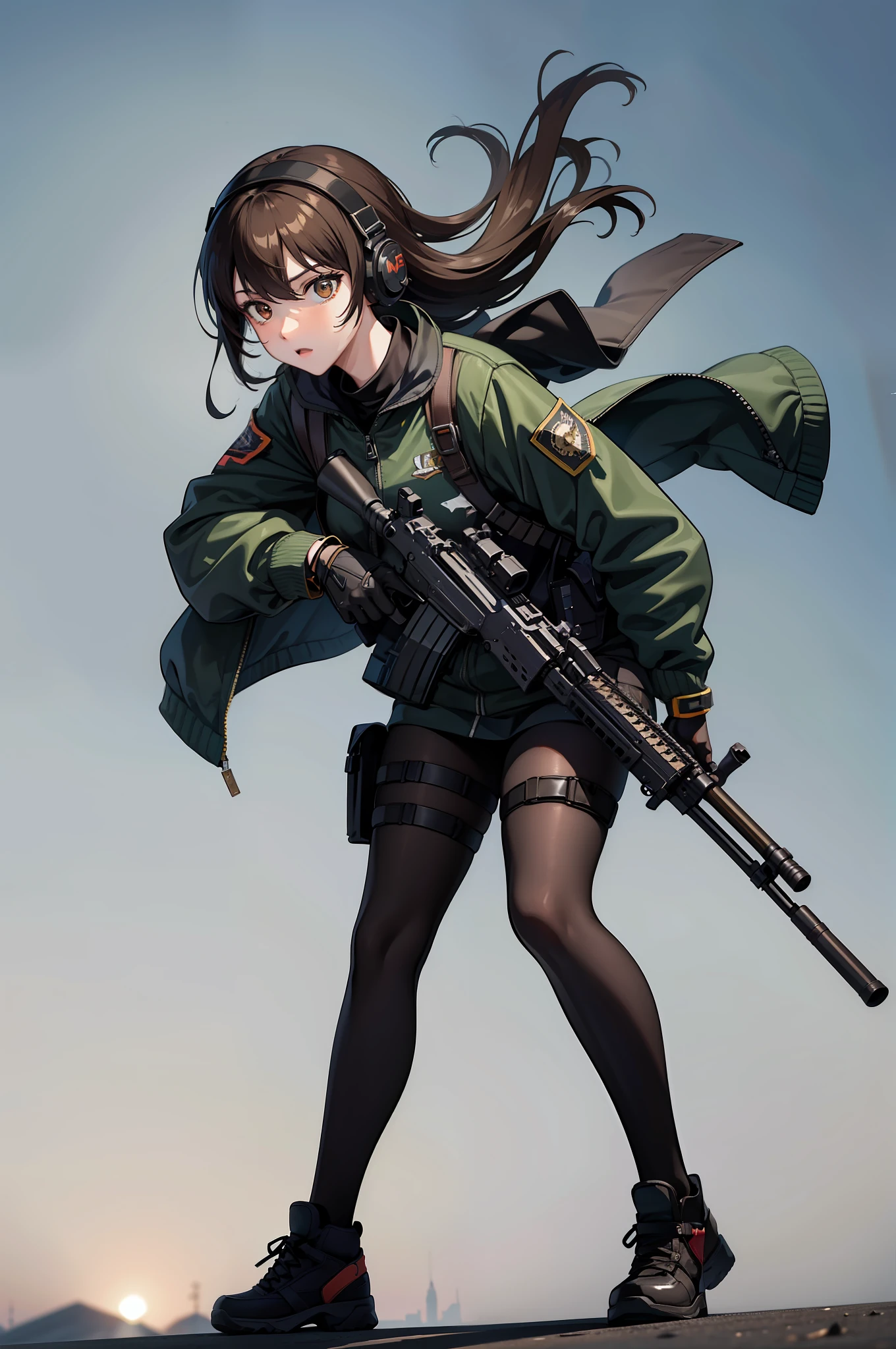 ((best quality)), ((masterpiece)), ((high res)), 1girl, muslim, assault rifle, brown eyes, full body, gloves, black hair, gun, handgun, headset, heckler & koch, holding and aiming gun, holding weapon, holster, kochiy sanae, m4 carbine, pistol, rifle, solo, submachine gun, suppressor, thigh holster, thigh strap, trigger discipline, weapon, medium hair, matching pantyhose, tights