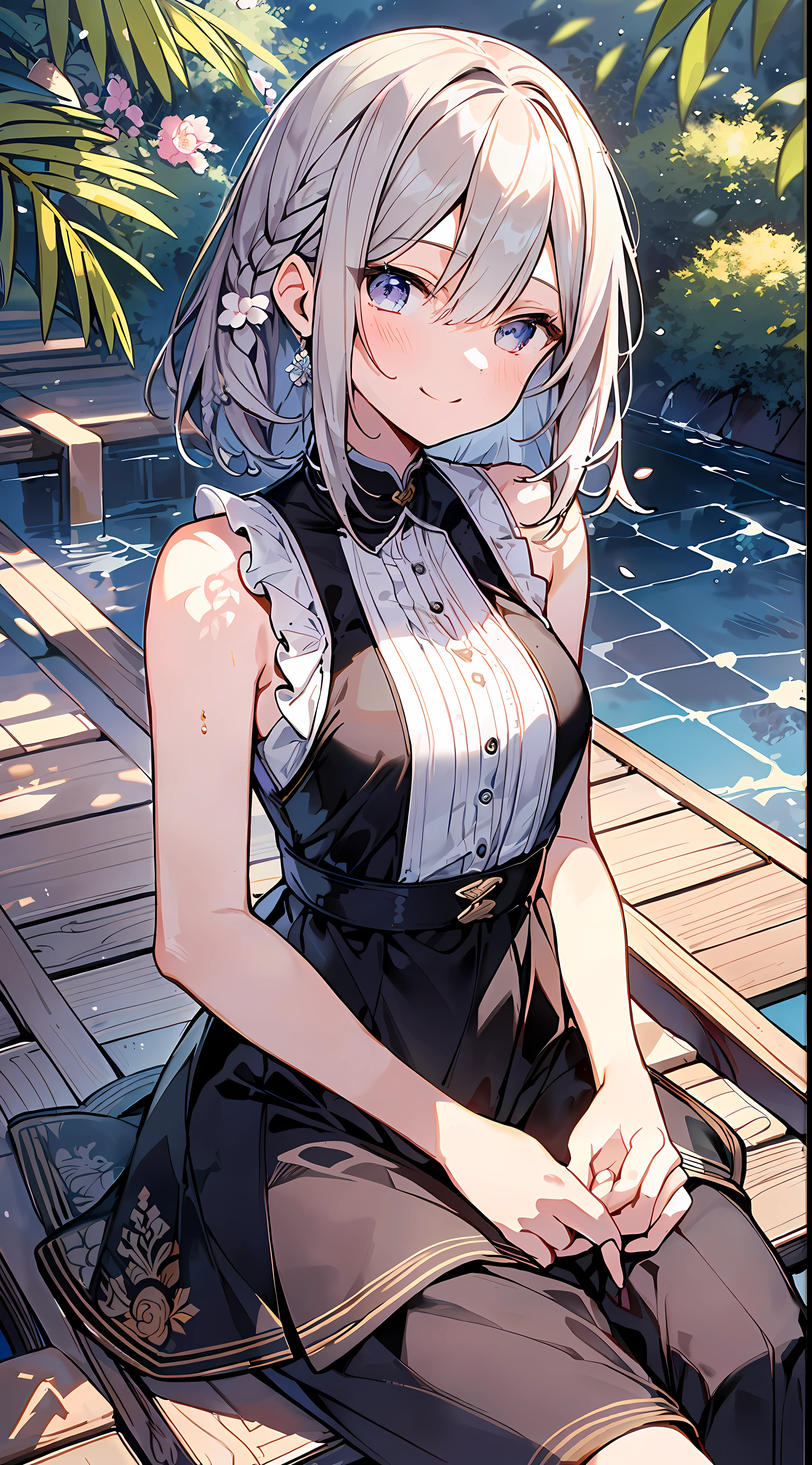 (Incredibly Absurdres Absolutely Resolution: 1.5), Top Quality, Masterpiece, Ultra High Definition, 8K, Summer Sky, Early Summer, (Wide Pants, Sleeveless), Shojo Manga Style Loli, One, Soft Line Art, Digital Enhancement, Shojo Manga Touch, Shojo Manga Core, Flowing Fabric, Close Up, ( shoulder-length hair length and short braids)), wet hair, soft drawing, fluffy, soft, beautiful black hair, clear eyes, (((gentle smile)), ultra-detailed digital anime art, clear face depiction, ultra-detailed shoujo manga character art, clear facial features, ultra-detailed manga style, top quality colors, hand gestures, looking up at the sky, angle to see up to your feet, zentangle:1.3,mandala、entangle、beautiful and aesthetic、High quality:1.3