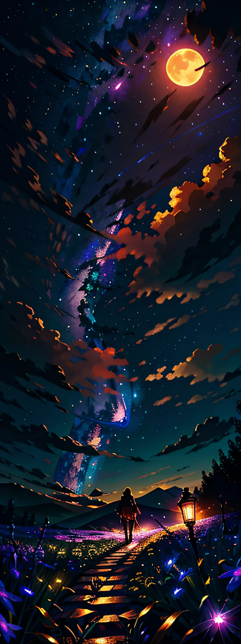 expansive landscape photograph , (a view from below that shows sky above and open field below), a girl standing on flower field looking up, (full moon:1.2), ( shooting stars:0.9), (nebula:1.3), distant mountain, tree BREAK
production art, (warm light source:1.2), (Firefly:1.2), lamp, lot of purple and orange, intricate details, volumetric lighting BREAK
(masterpiece:1.2), (best quality), 4k, ultra-detailed, (dynamic composition:1.4), highly detailed, colorful details,( iridescent colors:1.2), (glowing lighting, atmospheric lighting), dreamy, magical, (solo:1.2)
