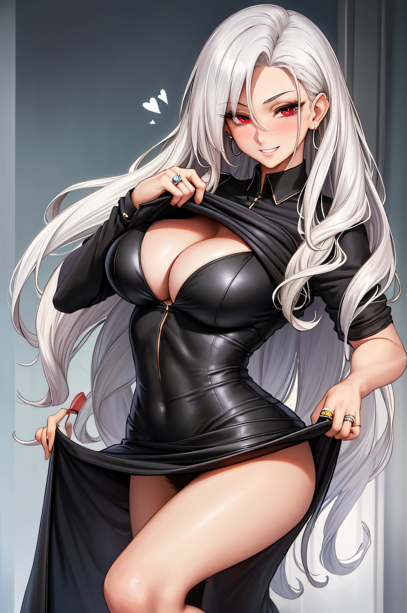 1girl,(long face),(id card),(masterpiece:1.2), (best quality:1.2), heavy breathing, perfect eyes, perfect face, perfect lighting, slim, mature female, large breasts, cleavage,, business suit, very long hair, silver hair, wavy hair, red eyes, earrings, ring, short skirt, skirt lift, dress lift, lifted by self, office, detailed background, heavy white pubic hair, black underwear, teeth hold, blush, heart eyes, happy smile, looking at viewer