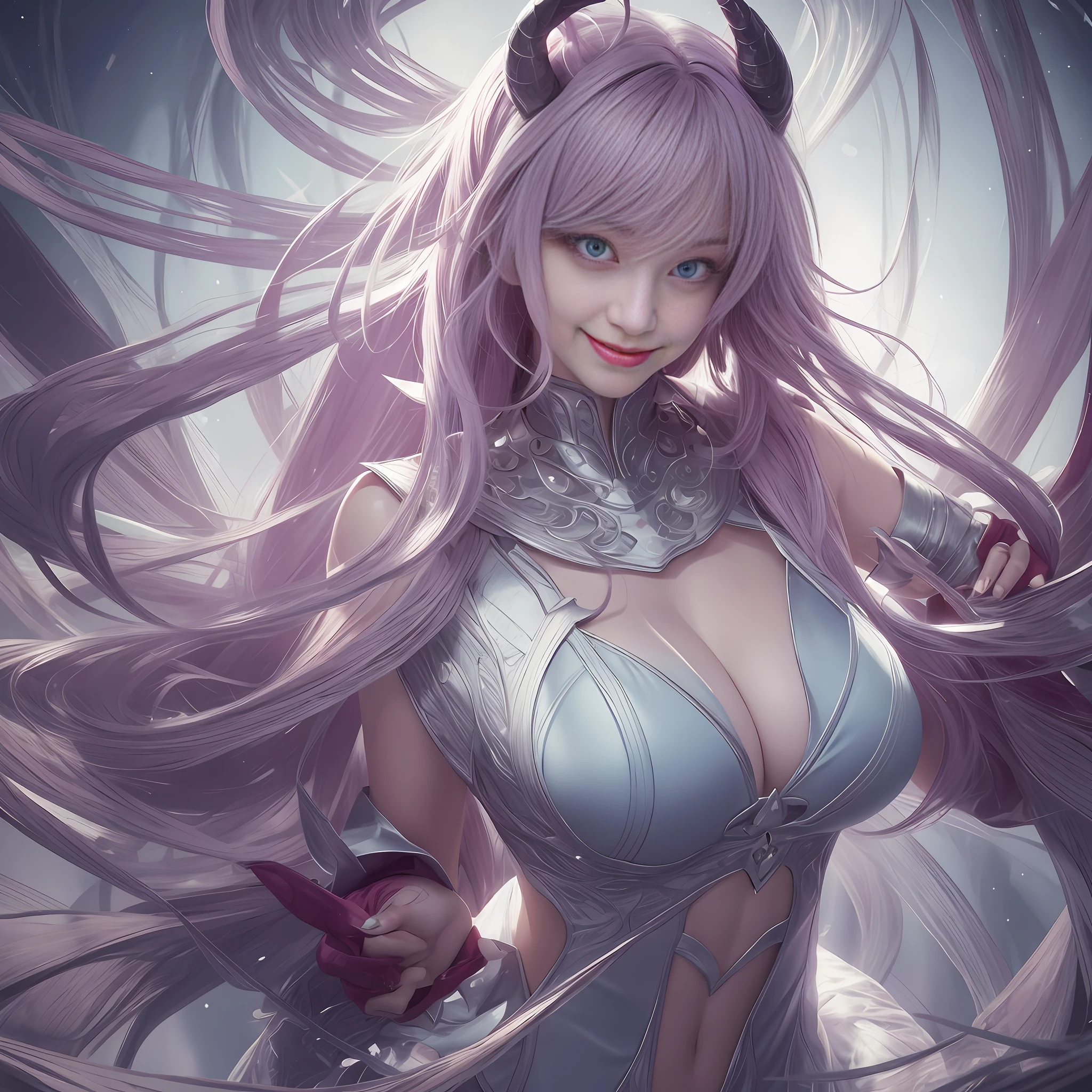 A scene of a female demon smiling defiantly. She has a beautiful and attractive appearance, but her eyes are cold and cruel. She uses her beauty as a weapon to seduce humans. She wants to steal their hearts and put them under her control. She is sure of her success, as her plan is flawless. She looks down on humans and smiles defiantly. BREAK Twirl: This effect simulates the appearance of a twirl, with a circular distortion and rotation. It can create a dizzy or surreal mood for the scene.