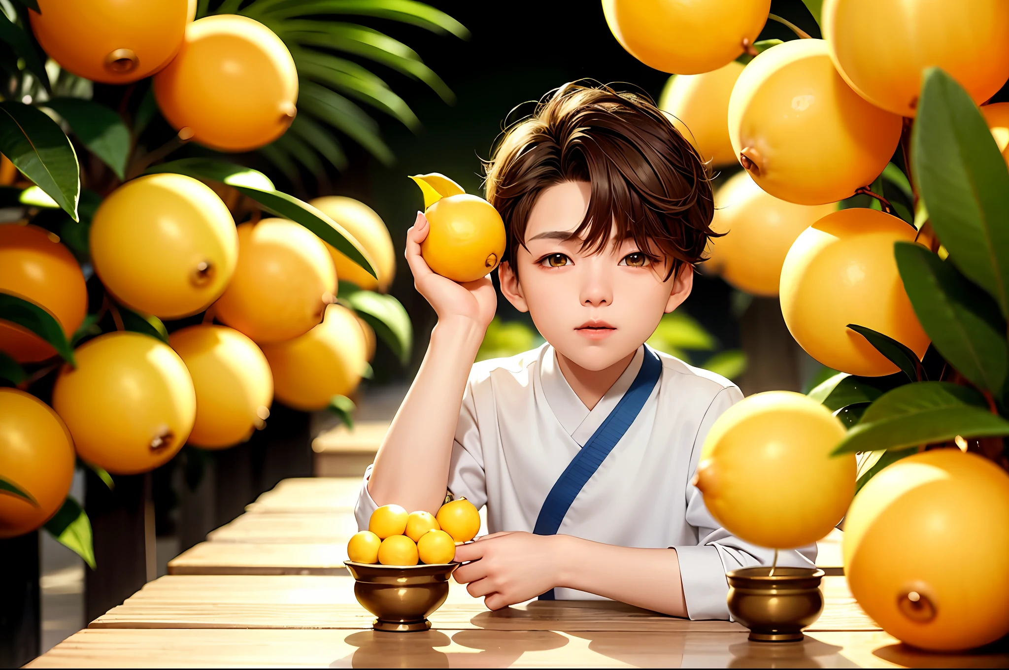 there is a young boy holding a lemon in his hand, wearing a lemon, boy with neutral face, boy has short black hair, young boy, portrait shot, cute boy, yanjun chengt, blonde boy with yellow eyes, with yellow cloths, young cute wan asian face, young child, young adorable korean face, young man with short, frown fashion model