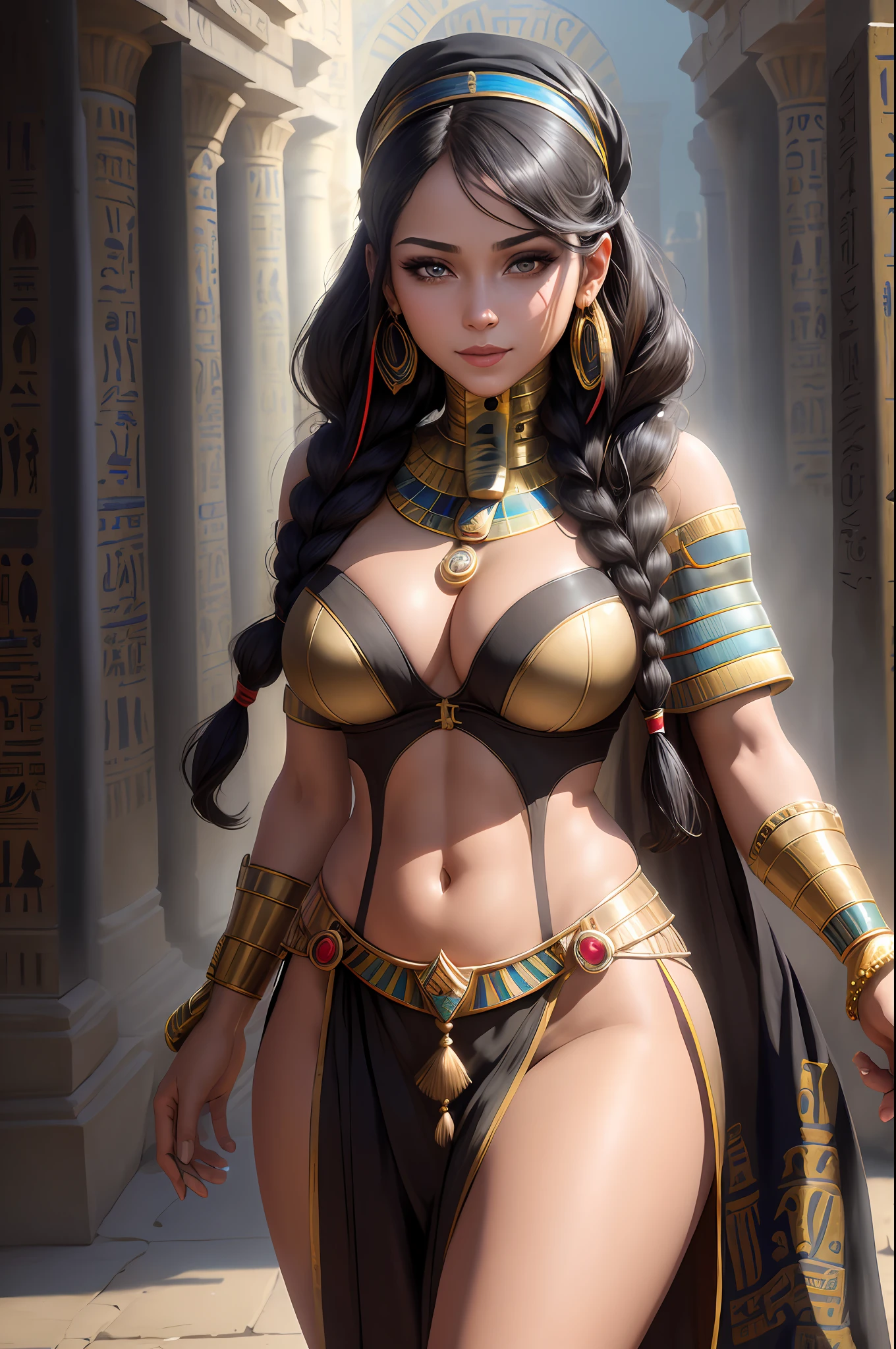 (((Egyptian))), white headscarf, wax,1girl, solo, breasts, looking at the viewer, smile, large breasts, black background, jewelry, braid, black hair, straight hair, earrings, twin braids, striated hair, clothing cutout, makeup, lipstick, mole under the mouth, shadow (realistic: 1.2), (realism), (masterpiece: 1.2), (best quality), (ultra detailed), (8k, 4k, intricate), (full-body-shot: 1), (85mm), light particles,  lighting, (highly detailed: 1.2), (detailed face: 1.2), (gradients), sfw, colorful,(detailed eyes:1.2)(detailed background),detailed landscape, (dynamic angle:1.2), (dynamic pose:1.2), (rule of third_composition:1.3), (line of action:1.2)