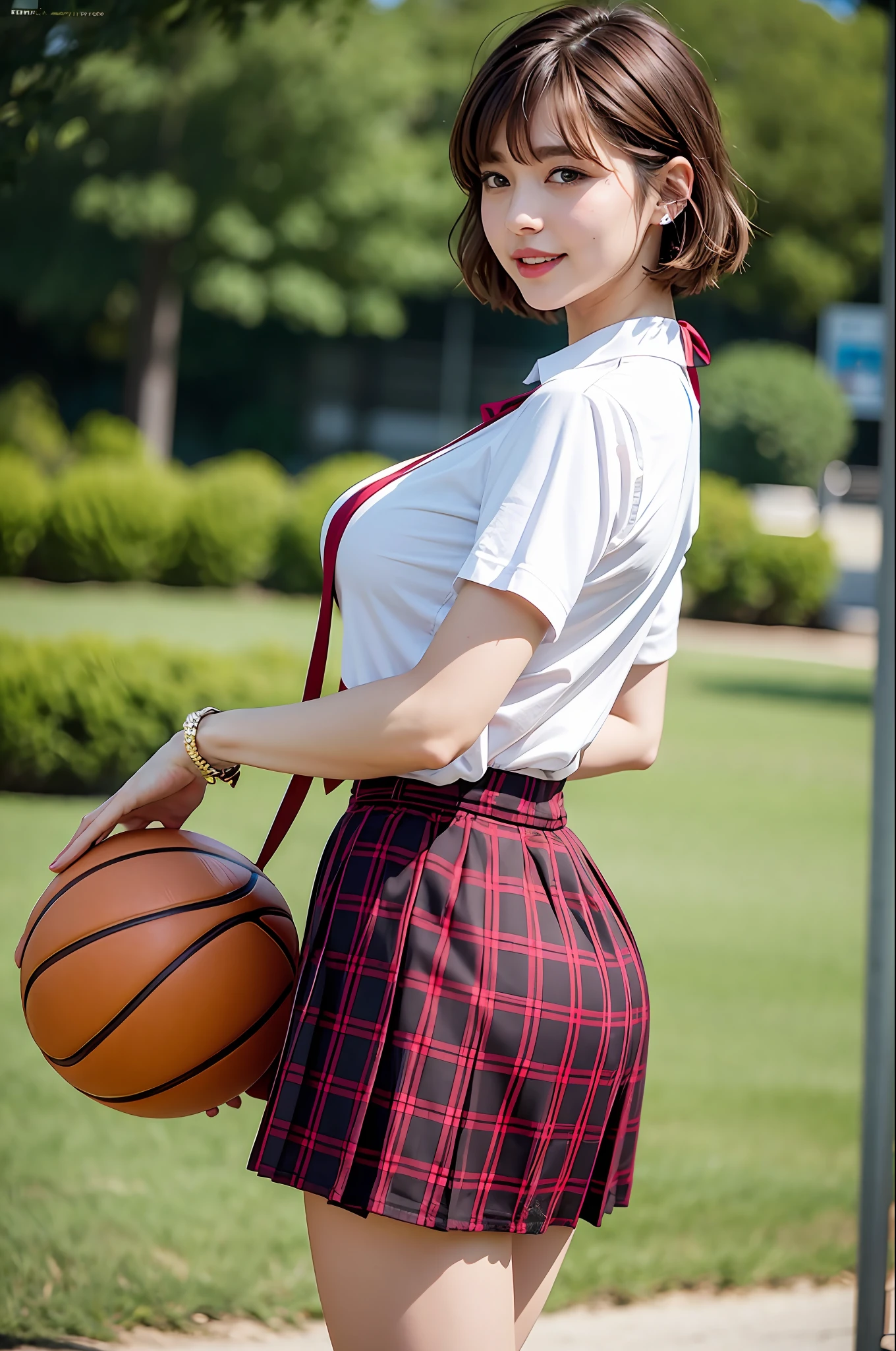 NSFW, 8K Raw Photo, Best Quality, Masterpiece, Ultra HD, Film Grain, filmg, 1girl, Look Viewer, Natural Skin Texture, Realistic Eye and Face Details, Full Lips, Lipstick, (Makeup), Red Eyeshadow, Fluffy Short Hair, Messy Hair, Smile, Close Mouth, Beautiful Legs, Tall Woman, Skinny, slim_legs, Solo, Huge, Cleavage, Pose with buttocks in front, Woman in basketball suit,buttocks, Shirt, Beautiful natural location, Around flower position, (detailed background), Plaid skirt, White shirt, Huge breasts, Cleavage, Show a little cleavage through shirt, Loafers, Blurred background, Blurred, Holding, Plaised, Short sleeves, JK ribbon around neck, JK ribbon, brown hair, Bracelet, water, bangs, uniform, jewelry, parted lips, lips, from the side, pleated skirt, depth of field