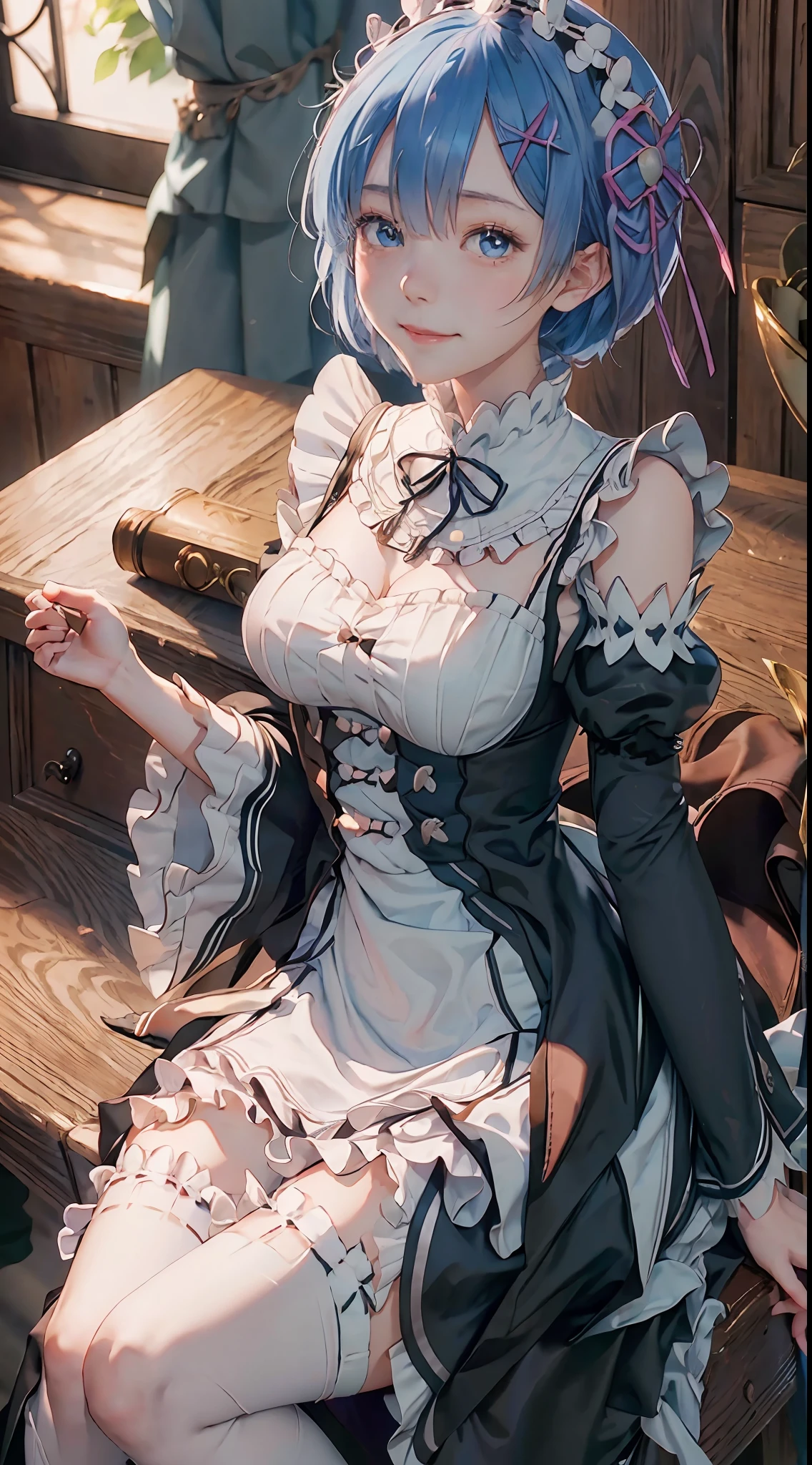 blue hair, short hair, eye covering), (re:zero\), (smile, blush, contempt), (castle), (masterpiece, accurate, best quality, best quality, high resolution, textured skin,)( anime shoujo, beautiful anime high school girl) (skirt, medium breasts, thin legs, white knee-length socks), ((maid outfit)), dignified, anime! 4 K, anime! 4k, li in dress, high-detail official artwork