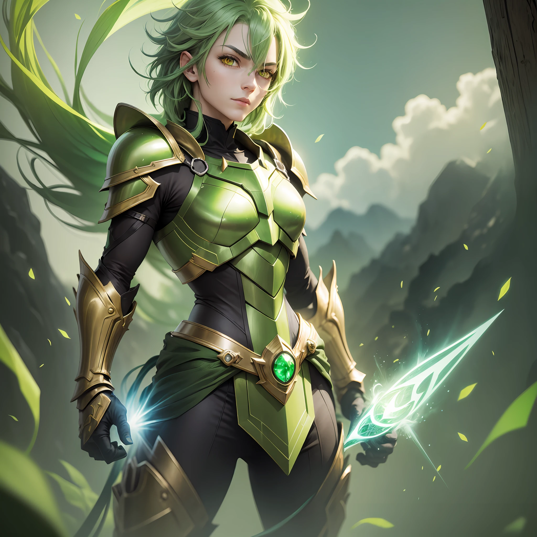 "(Green hair guy),(yellow eyes) with light green magical legendary armor), [green helmet, yellow detail], soft lighting, proud pose." --auto --s2