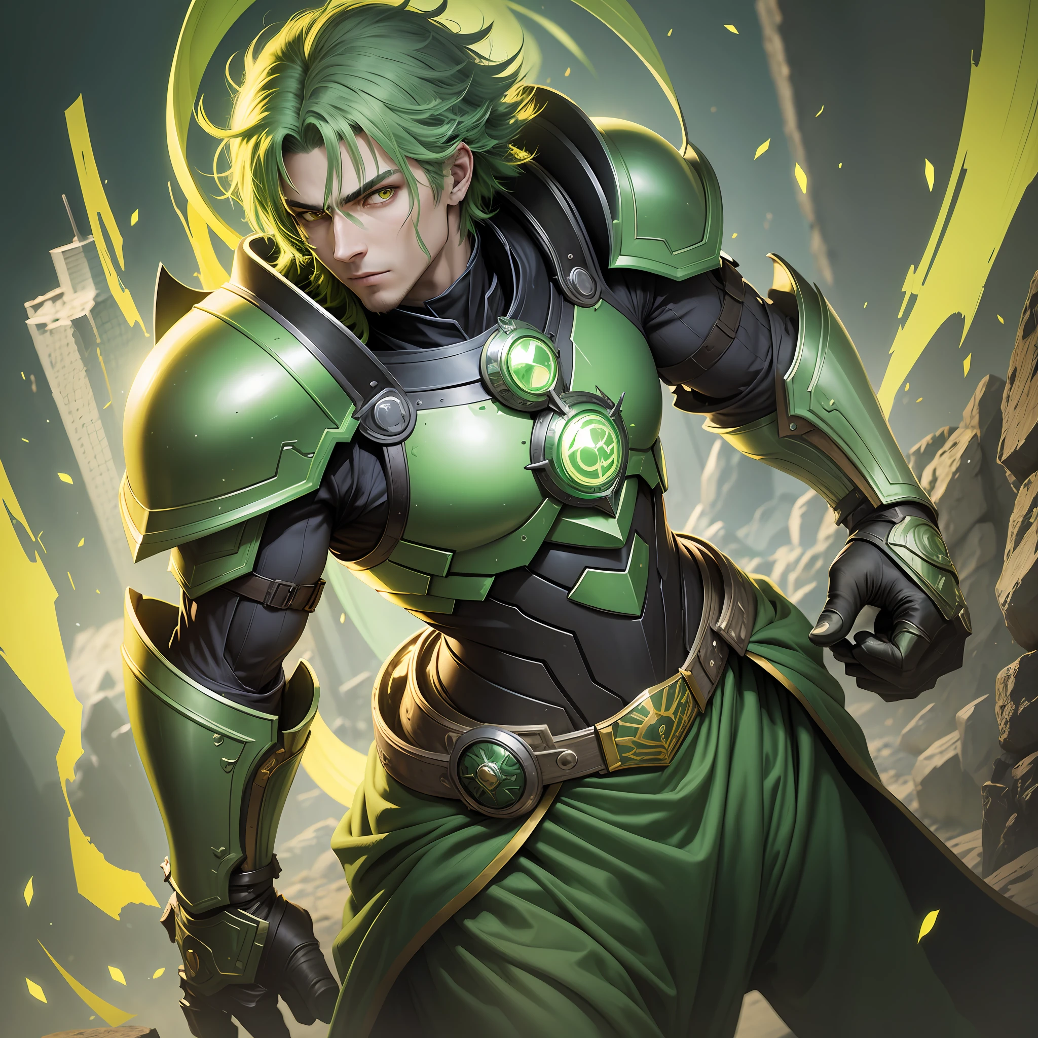 "(Green hair guy),(yellow eyes) with light green magical legendary armor), [green helmet, yellow detail], soft lighting, proud pose." --auto --s2