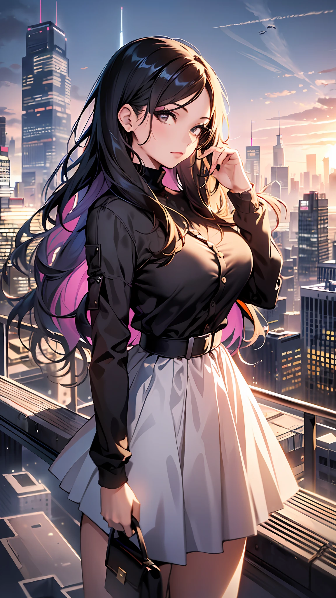 (Young Woman: 1.2)|(A Girl: 1.1), Portrait, Makeup, Super Detailed, Modern Style, City, Direct Look, Silhouette. The woman is in the right corner and can enjoy the panoramic view of the city. Focus on the city, women are far away