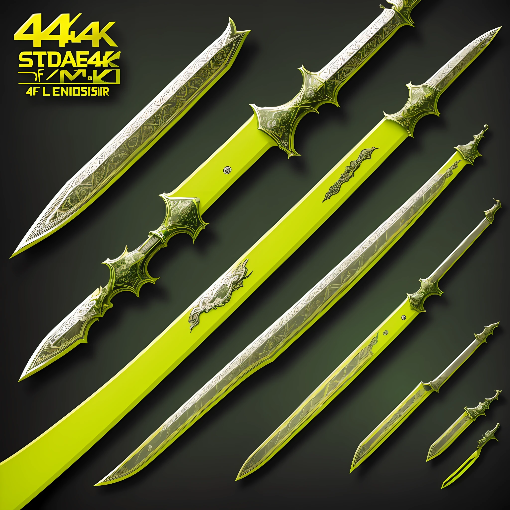 (4k image,state of the art,quality issue),a legendary bright green sword with yellow detail,strong lighting