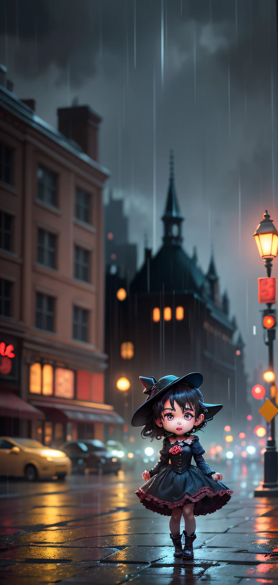 Blurry background, dark background, Terror, Disney, raining, at night, in the city, Venellope style Wreck-It Ralph, cute, terror, well terror, small, very short, terror, blood --auto --s2