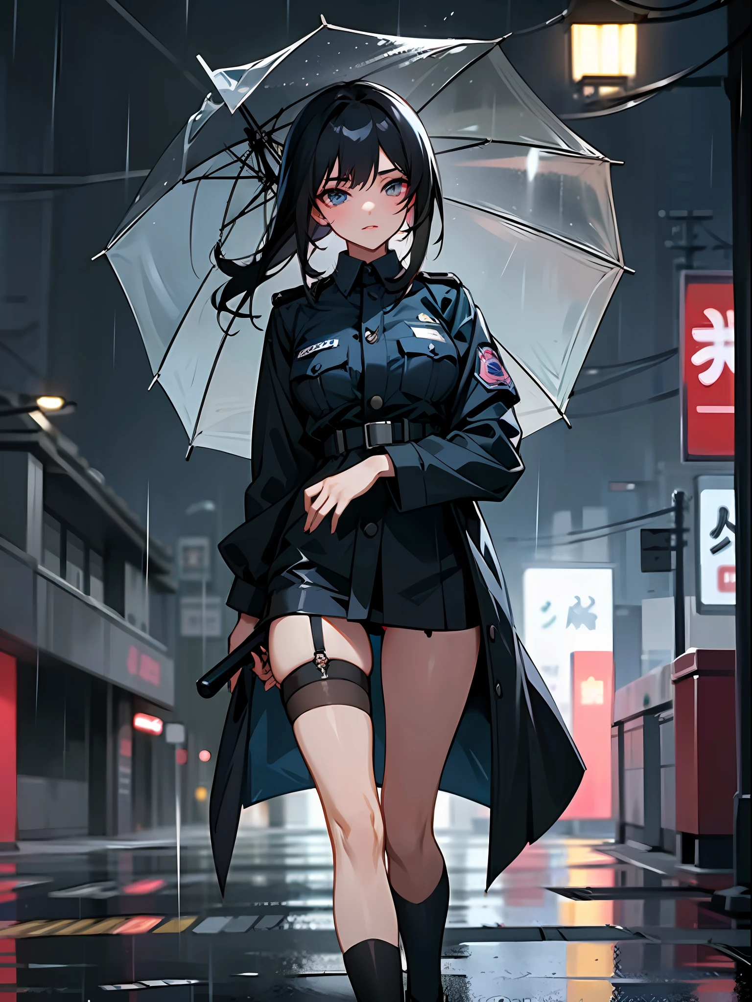 (Best Quality, Masterpiece: 1.3), 1 Girl, this painting depicts a woman in a police uniform standing in the rain, presenting the image of a police officer, she looks particularly dignified in the rain. She has jet black hair that adds to her charm, rainy day, holding an umbrella, looking at the audience, cyberpunk city, anime girl walking on rain-drenched streets in policewoman uniform, seductive anime girl, right proportions, Japan, Tokyo, garter belt on legs, delicate, night