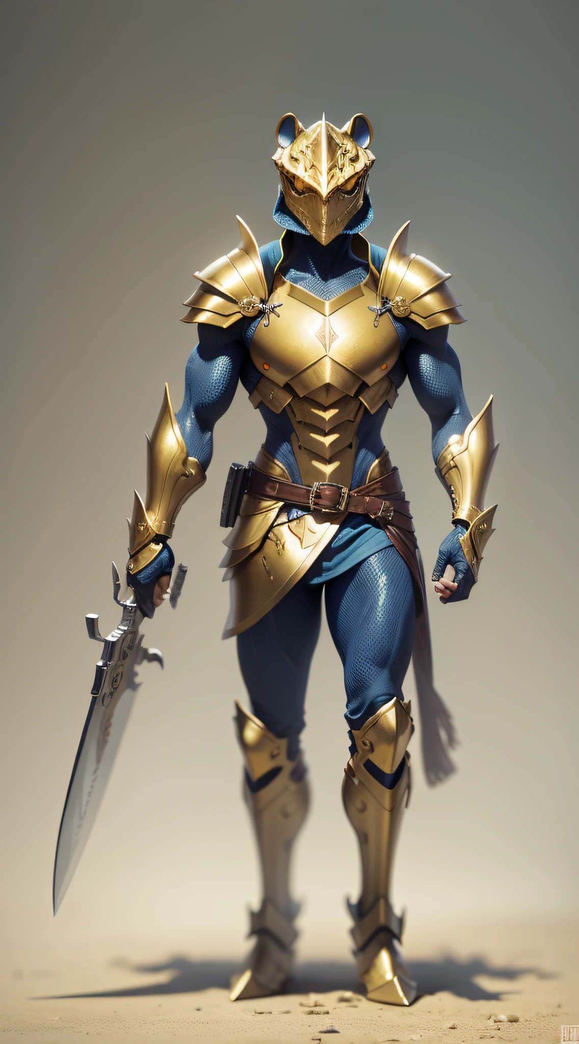The chameleon, dressed in gold armor, holding a knife in his hand, carrying a camera on his back, is majestic and full-body