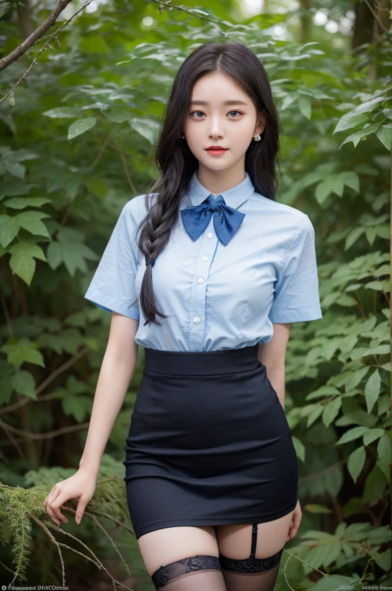 A cute girl, 20 years old, light blue eyes, black hair, long bohemian hairstyle, wearing (sky blue) short skirt skirt skirt and shirt, in a dark, mysterious forest, twisted branches and creeping vines, front picture, earrings, bow tie, noon, cinematic lighting, ((masterpiece)), (best quality), (high resolution), original, extremely detailed 8K, (realism: 1.4), flawless face, perfect eyes, symmetrica body type, (full body), smile, White stockings