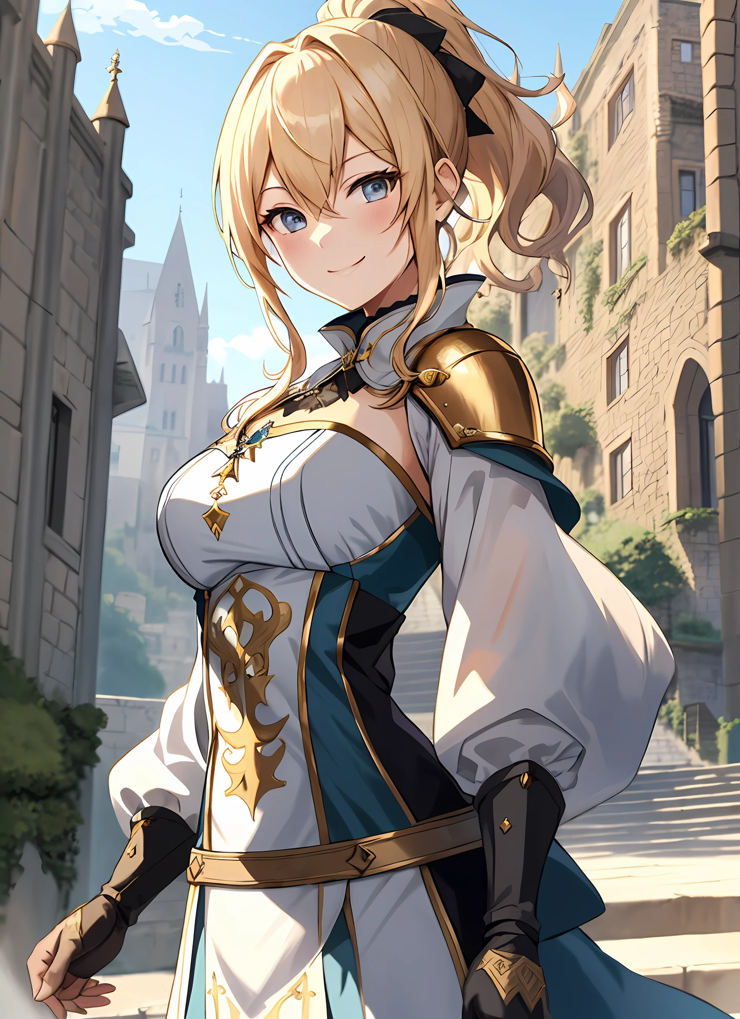 Elegant anime female character, golden ponytail, smile, blush, medieval knight aristocratic costume, outdoor, daytime, simple background, blue sky, sky, medieval castle, looking at the audience, stairs, mountains, movie lighting effects, large aperture portrait, dynamic pose