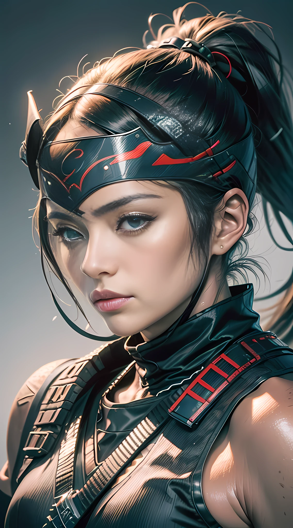 (jconemb ninja) portrait, female ninja (masterpiece: 1, 2), best quality, high resolution, original, very detailed, looking at the viewer, (cowboy lens: 1.2), upper body, perfect lighting, (very detailed: 1.2), (8k: 1.1), ninja headband, (ninja, shinobi)