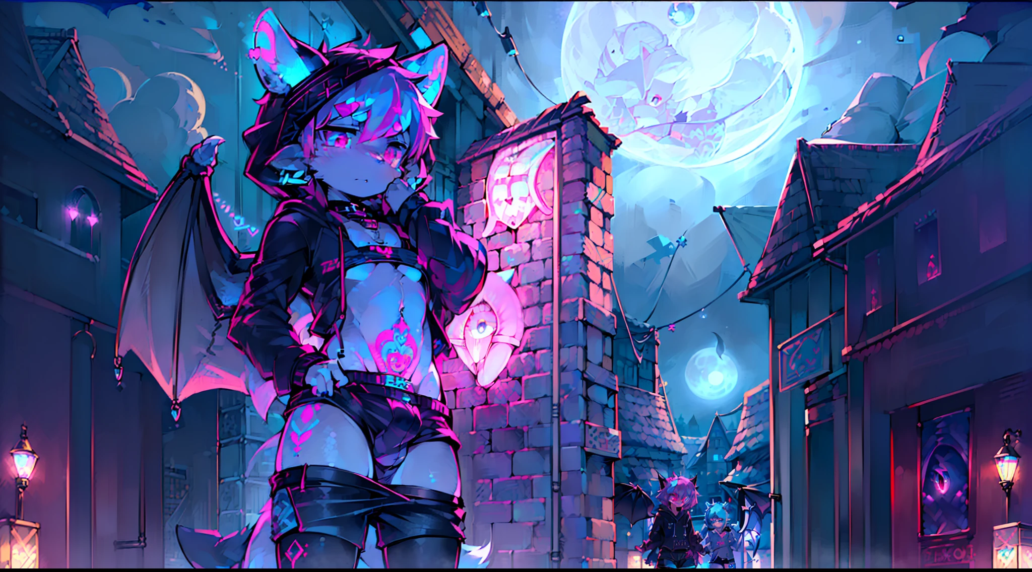 Black Fox, (White Body:1.3), (((masterpiece))), collar, (( Dragon Wings:1.45)), (headphones:1.4), short hair, black hair, blush, (headphones:1.55), ((Thigh High Socks, Femboy Clothing, Femboy Thigh Highs:1.2)), ((a blue eye left, a pink eyes right:1.55)), (((Femboy))), full body, ((womb tattoo, glowing tattoo:1.52)), ((guy look like women:1.52)), (fox tail:1.52), Full HD, 8K, (( short pant, Hoodie crop:1.52)), ((underwear:1.45)), ((full moon, blue moon:1.45)) public, (small breasts:1.35), (Trap:1.55), (shy:1.55), (underwear keyhole:1.57), fluffy sonar, winter land, Furry Cub, cub boys , Yaoi/Gay, ((blue eyes:1.55)), ((pink eyes:1.55)), (bra:1.25)