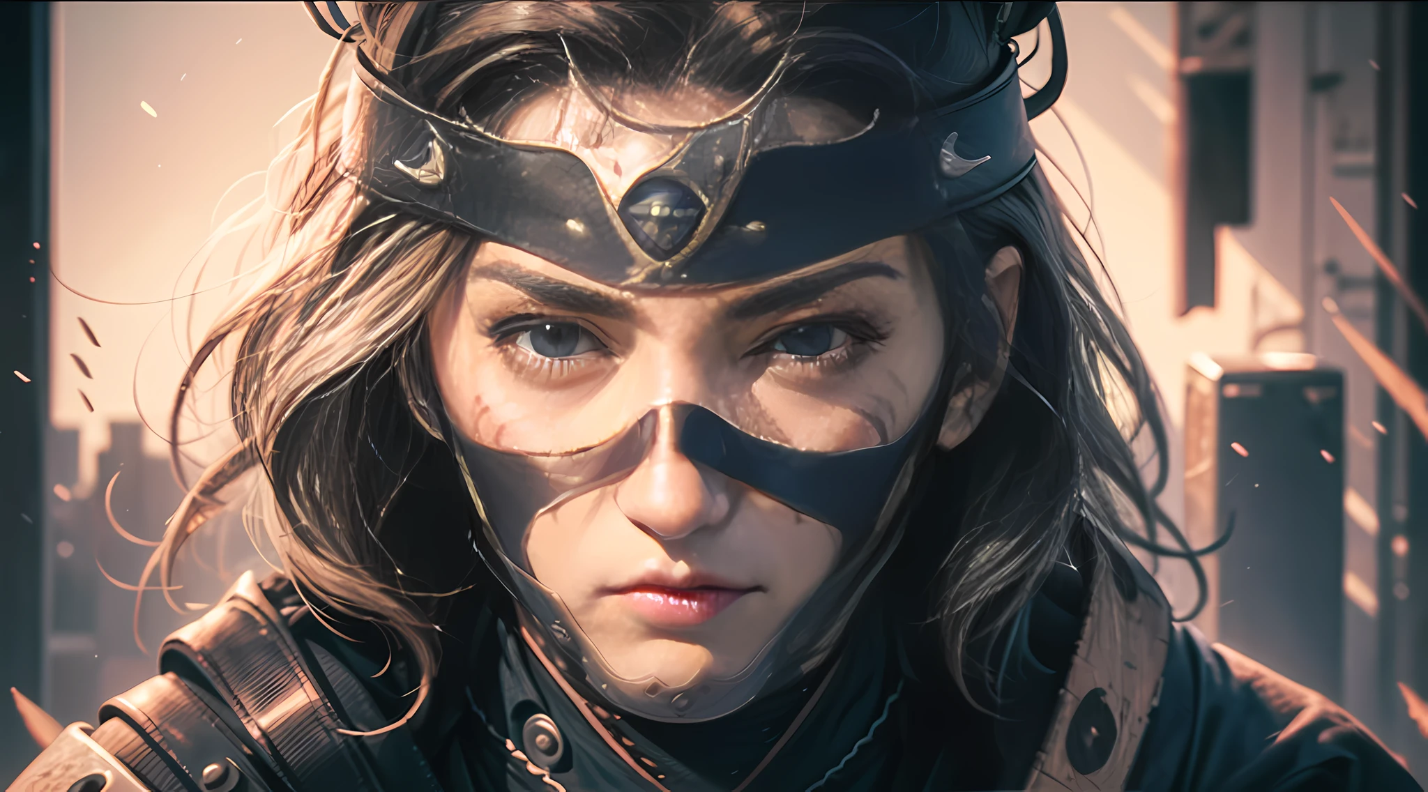 (jconemb ninja) portrait, female ninja (masterpiece: 1, 2), best quality, high resolution, original, very detailed, looking at the viewer, (cowboy lens: 1.2), upper body, perfect lighting, (very detailed: 1.2), (8k: 1.1), ninja headband, (ninja, shinobi)