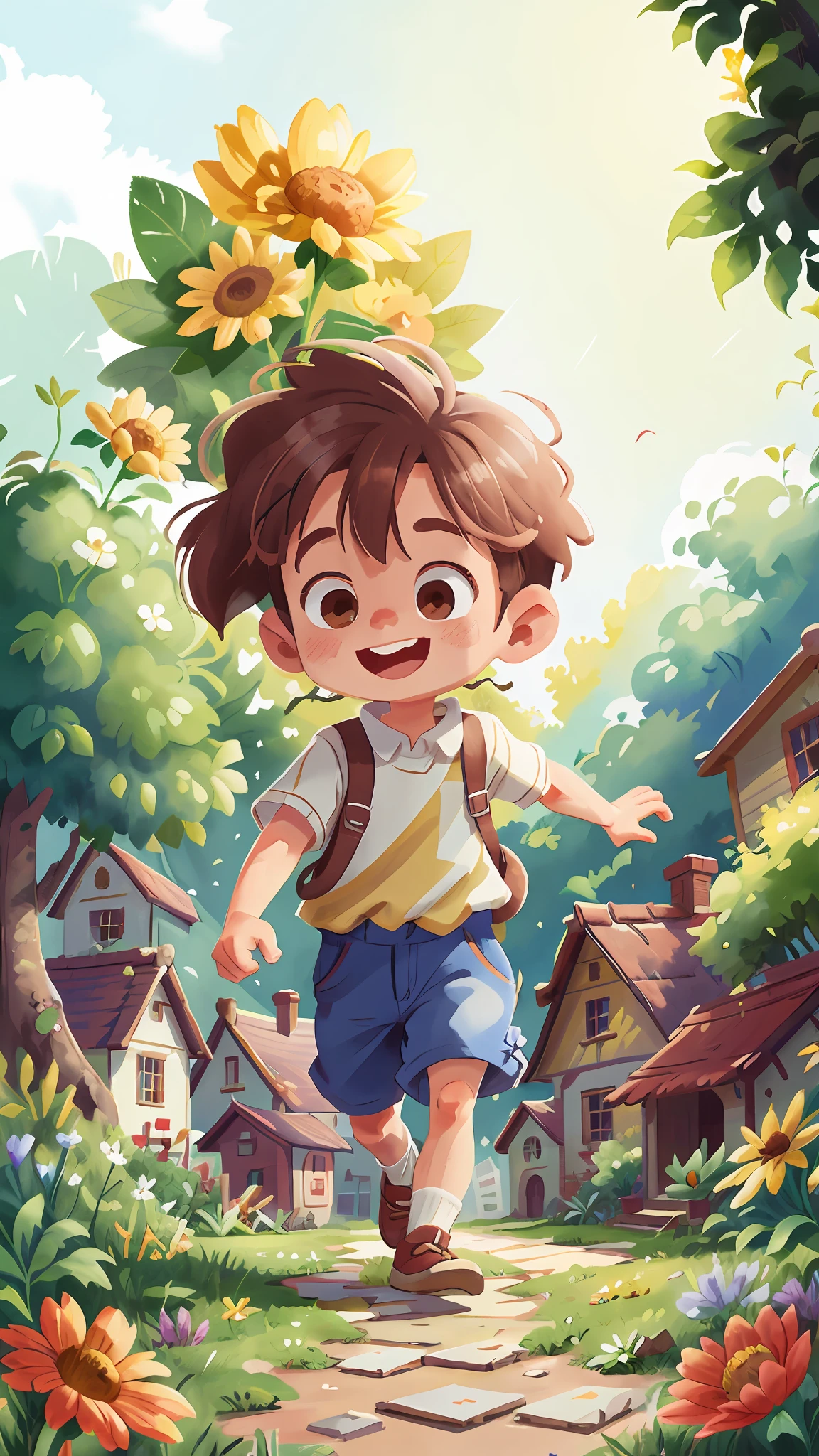 Watercolour. Boy, brown hair, smiling, very cheerful, running, dressing gardener and white blouse, front view, full body, the background is a beautiful and cozy house in the countryside, garden with flowers, sunny, perfect quality, (mess-house: 0.8), (masterpiece: 1.2) (Realistic: 1.2) (Bokeh) (Best quality) (Detailed Skin: 1.3) (Intricate Details) (8K) (Detail Eyes) (Sharp Focus), (Happy)