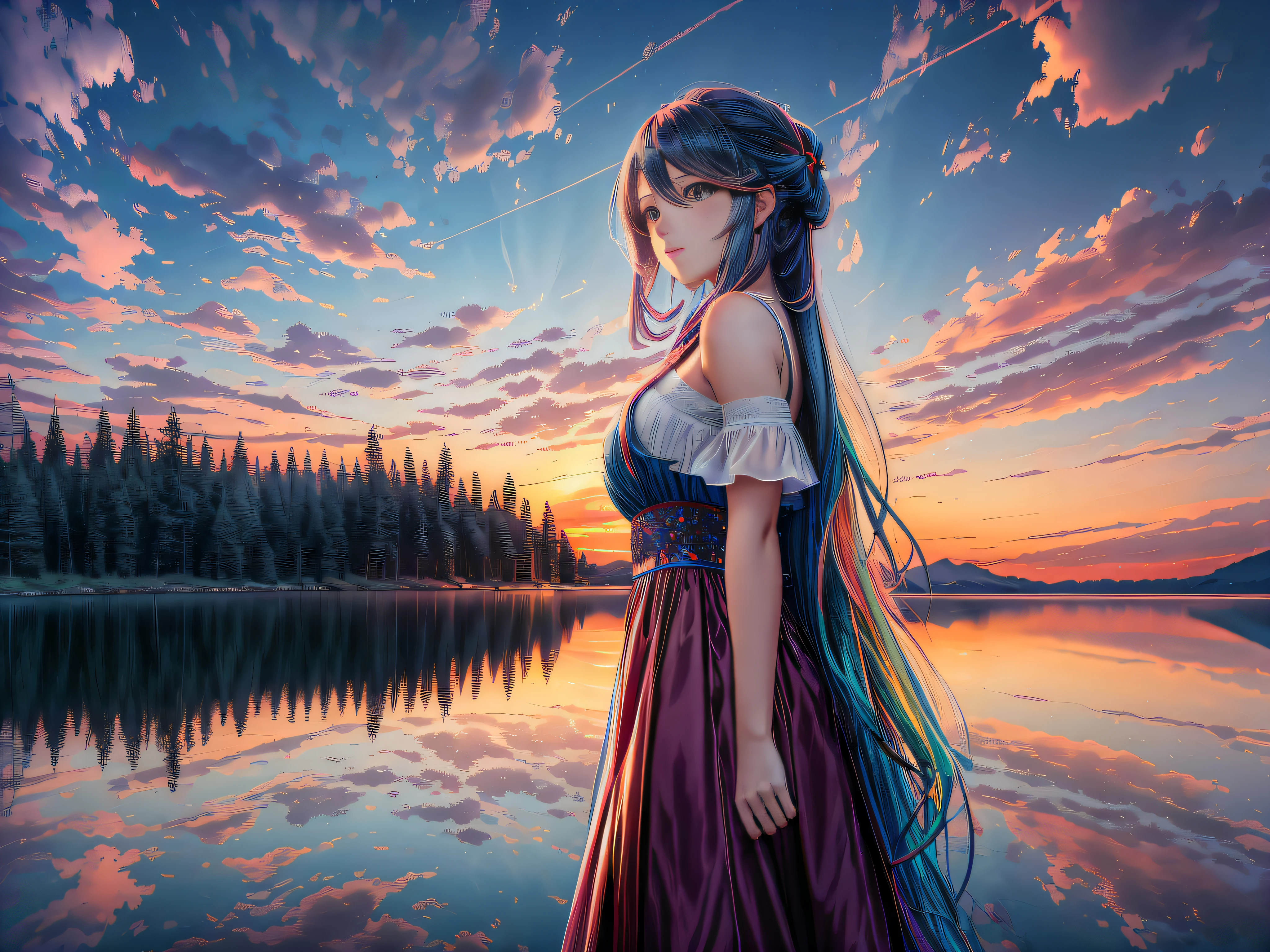 there is a woman with long hair standing in front of a lake, anime style 4 k, beautiful anime, anime style. 8k, anime style mixed with fujifilm, beautiful anime portrait, anime art wallpaper 8 k, anime styled digital art, beautiful anime girl, anime girl with long hair, beautiful anime style, anime art wallpaper 4 k, anime art wallpaper 4k