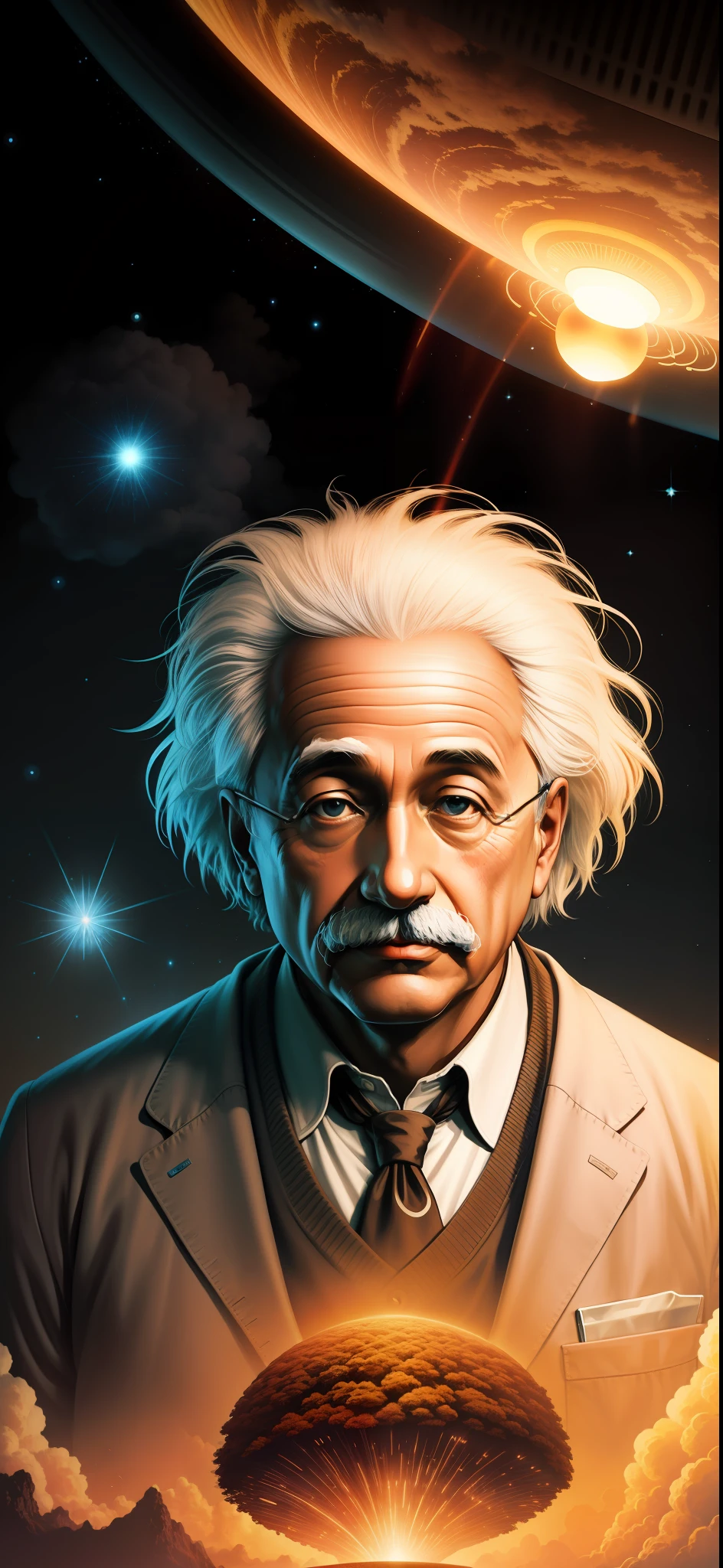 Einstein is depicted as an image with a head, and equations appear in the light of thought. The mushroom cloud of the atomic bomb, this artistic expression symbolizes his scientific genius, highlighting his contributions, such as the theory of relativity. These equations represent Einstein's quest for knowledge and his ability to unlock the mysteries of the universe. It is a tribute to the man whose ideas have revolutionized our understanding of reality.