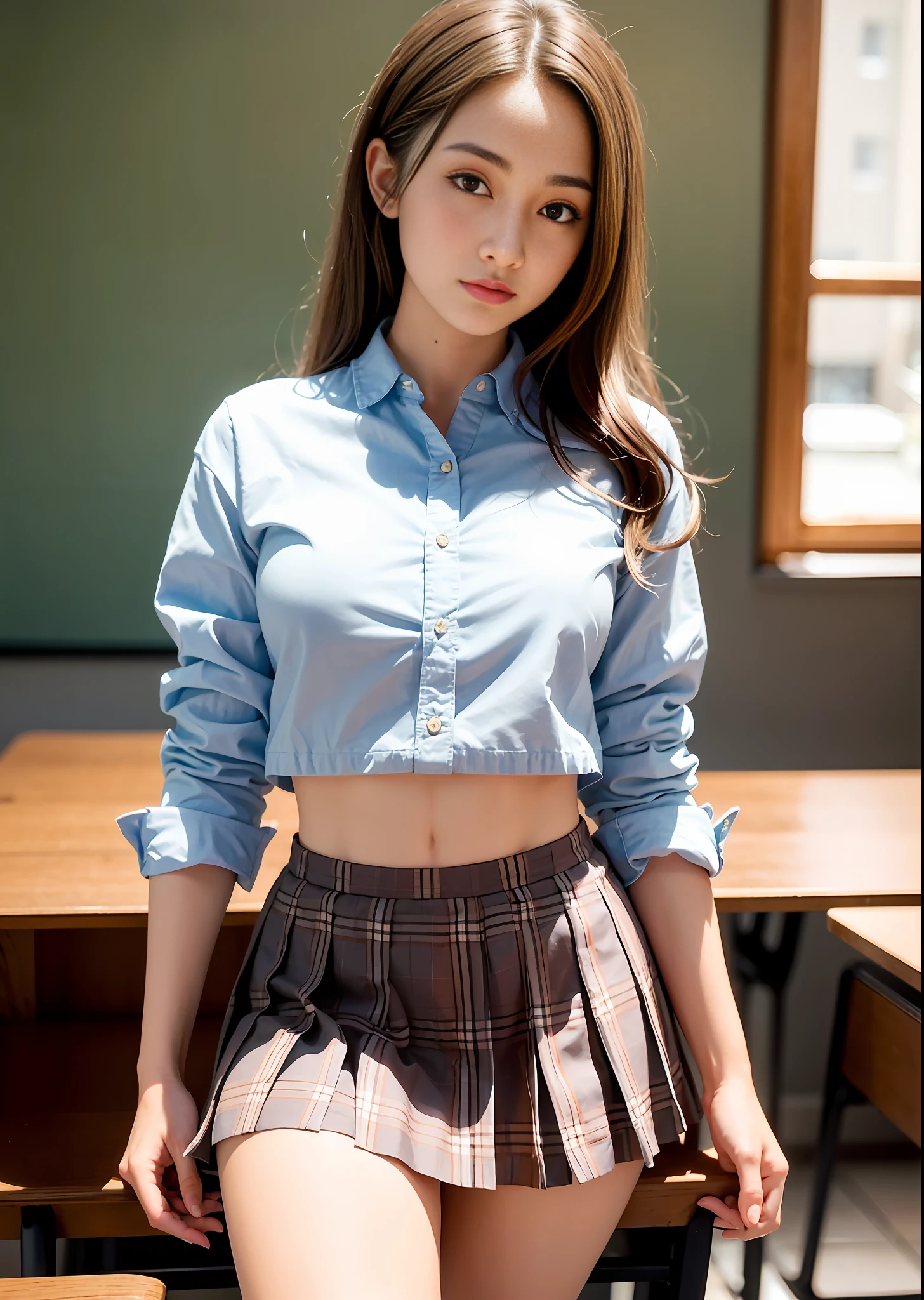 ((Medium Hair))), Best Quality, 8K, HDR, Hi-Res, Absurdity: 1.2, Background Blur, Bokeh: 1.2, Photo, (RAW Photo: 1.2), (Photorealistic: 1.4), (Masterpiece: 1.3), (Complex Details: 1.2), 1 Girl, Solo, Japan Girl, Delicate, Beautiful, Detailed, (Detailed Eyes), (Detailed Facial Features), Petite, ( Medium breasts))), skin tight, (see the beholder), from the front, (skinny), (highest quality: 1.4), (ultra high resolution: 1.2), cinemalite, (highly detailed illustration), (lip gloss, highest quality, ultra high resolution, depth of field, caustics, broadlighting, natural shading, 85mm, f/1.4, ISO 200, 1/160s: 0.75), one girl, solo, smile, ((uniform shirt with shoulders visible, checkered pleated skirt, classroom)), ((no underwear)))),((shirt front open)),((holding skirt hem)),skirt up))