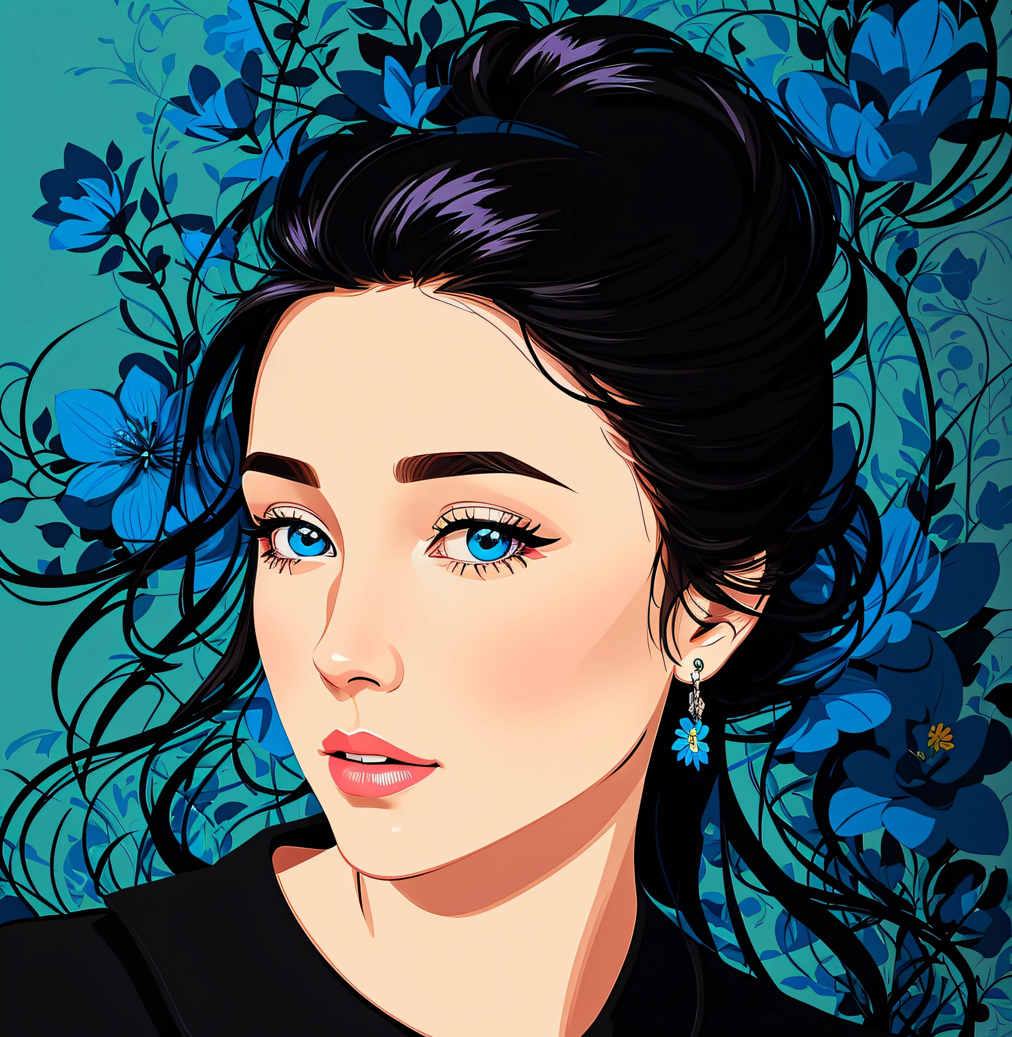 there is a woman with a flowered background and a blue flower, in style of digital illustration, digital art portrait, vector art style, digital illustration portrait, vector style drawing, portrait digital art, digital portrait, digital art picture, vector art, detailed color portrait, detailed vectorart, digital cartoon painting art, highly detailed vector art, digital art illustration