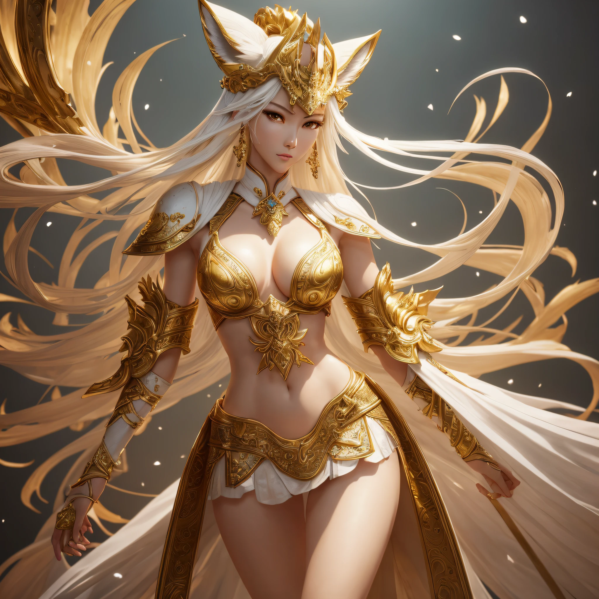 Korean, masterpiece, best quality, high quality, extremely detailed CG unity 8k wallpaper, (realistic, Photo real: 1.3), (RAW photo: 1.2), Woman body set medium breasts, exposed breasts, full and natural breasts, crisp breasts, tender white complexion, straight buttocks, (transparent tong), surreal, 8K, original photo, film grain, super high resolution, super detail, tall, very clear face, slender long legs, a pair of snow-white slender beautiful legs, like ivory carved jade legs, perfect proportion and length, stunning face, melon seed face, qiong nose cherry lips, eyebrows picturesque, amorous, charming, slender and slender waist, close-up of a woman in gold and white clothing, super detailed rendering, 3 D rendering character art 8 K, complex white and gold armor, full samurai armor fox, high detail iconic character, 8K rendering, octane rendering, octane rendering, super detail octane rendering, super detailed octane rendering, super detailed 3 d rendering, futuristic style fox demon --auto --s2