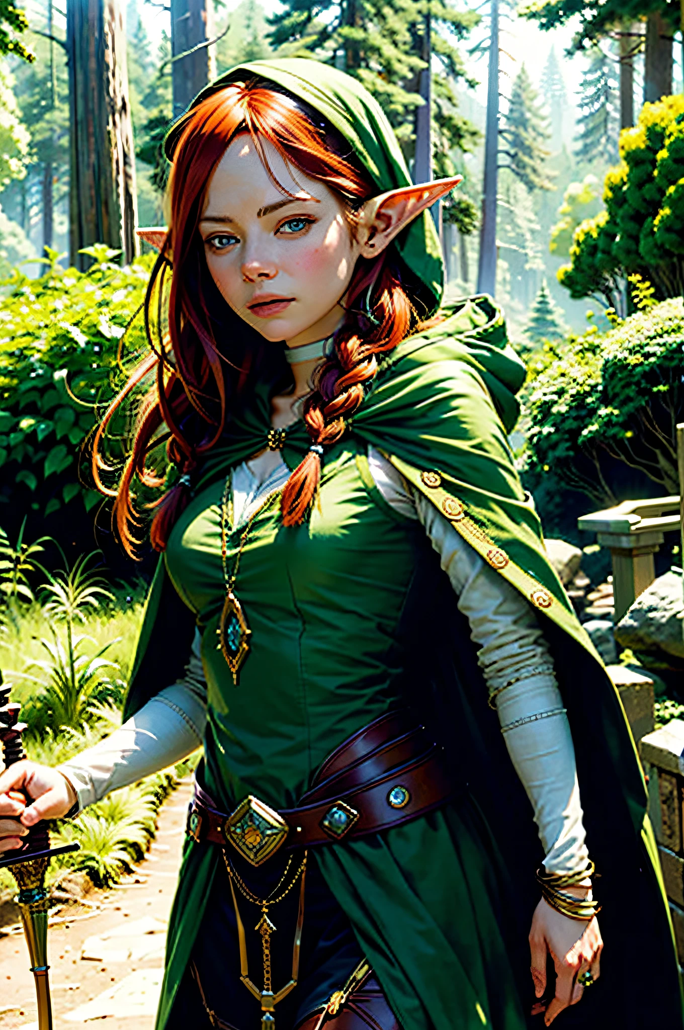 High detail RAW colored art, animation, red hair with braids, hazelnut eyes, white skin, ((Emma Stone as an elf in the redwood forest)), portrait, elf ears, ((cartoon style)), ((lord of the rings) ), (shy), mystical, elegant, gorgeous face, green silk dress with hood, elven forest, (detailed skin, skin texture), elf, magical atmosphere, (muscle), (detailed skin, skin texture), intricate details, fine details, hyperdetailed, ray tracing, subsurface scattering, diffuse soft lighting, shallow depth of field, by (Oliver Wetter) Atey Ghailan, by Jeremy Mann, Greg Manchess, Antonio Moro, trend at ArtStation, trend at CGSociety, Intricate, High Detail, Sharp focus, dramatic and photorealistic painting art by midjourney and greg rutkowski, bokeh in the background, bow and arrow, wolves, best quality, masterpiece, close-up portrait, 1girl, elven armor, dark hood over head, outdoors, nature, desert, look at the viewer