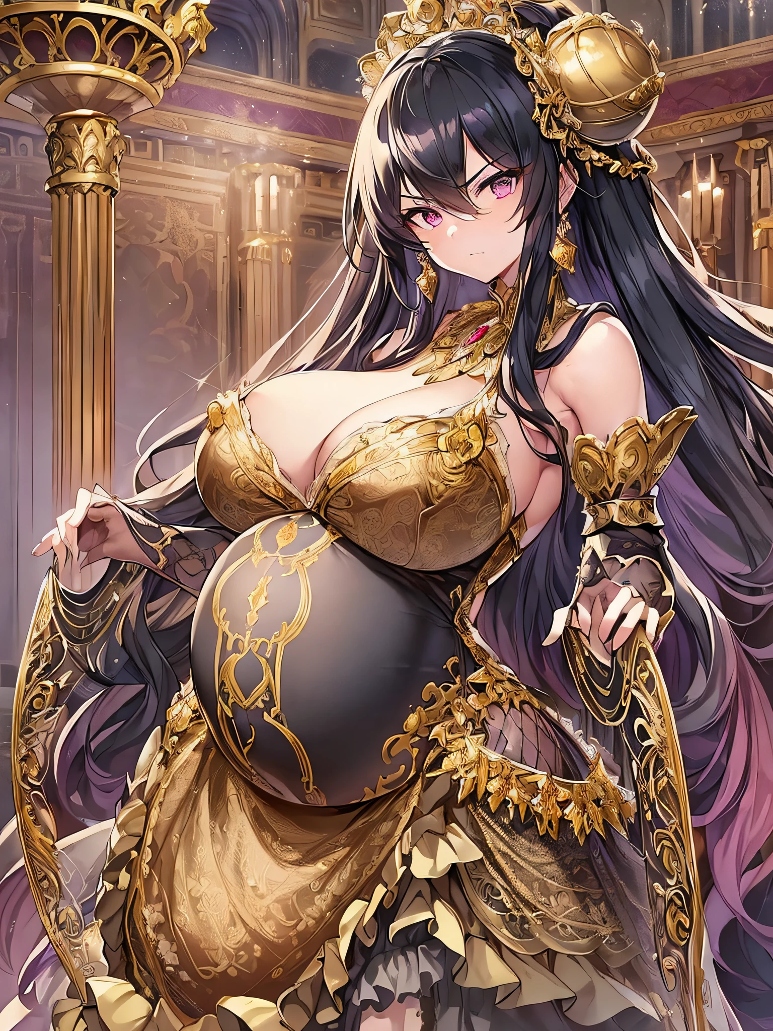 ((anime moe artstyle)),((Masterpiece)), (Best Quality), (Super Detail), Illustration, (((Very Delicate and Beautiful))),Dynamic Angle,Looking at viewer,((((Solo)))),(((Full body))),(((1 arrogant pregnant empress attending a ball wearing gorgeous black ballgown))),((((heavily pregnant)))),(standing),(((arrogant))),(((angry))),(blash),(Purple eyes),Sharp eyes,Detailed Face, Long Eyelashes,(Jet Black Hair),((Straight Hair,Very Long Hair)),((Bangs between eyes)),((((gigantic breasts,Huge breasts,Bulging breasts,Long breasts)))),cleavage,((skindentation)),curvy,See-through,(((luxurious lace and ruffled black and gold rococo ballgown adorned with abundant jewels and gorgeous embroidery))),(((voluminous black and gold rococo dress with a flared hemline))),(fluffy rococo ball gown with gorgeous embroidery and lace),((gold trim)),(((hoop skirt))),long skirt,corset,crinoline,opera gloves,Beautifully Gorgeous jeweled big tiara,Beautifully Gorgeous gem earrings,Beautifully Gorgeous jeweled necklace,Beautifully Gorgeous jeweled ornaments,indoor,light particles,((royal dance hall)),castle ball