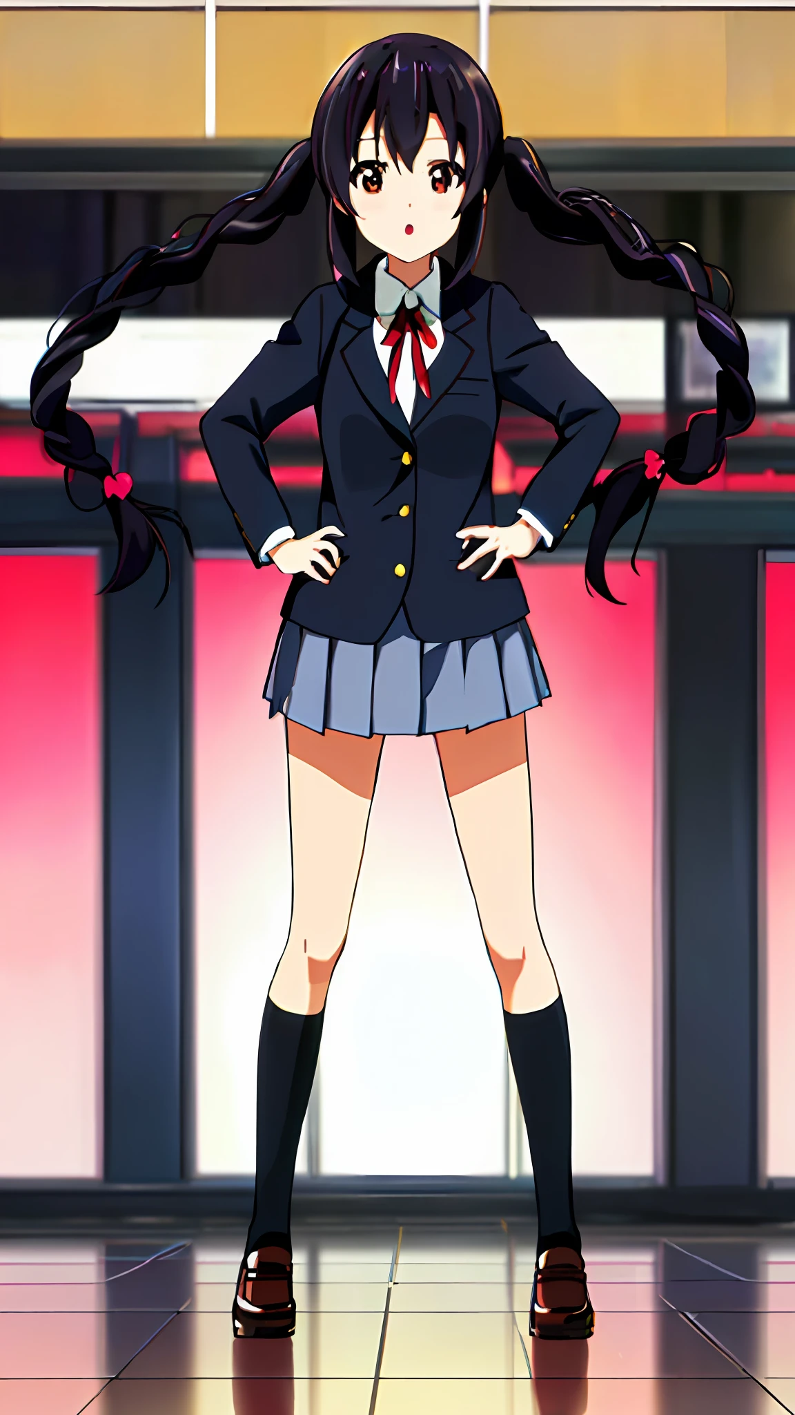 1girl, ((((Masterpiece))), Best Quality, Best Quality, High Detail, Azusa Nakano, 1girl, Sakuragaoka High School Uniform, Musical Instrument, School Uniform, Twin Tails, Long Hair, Black Hair, Brown Eyes, Solo, Red, Dark blue blazer with a thin ribbon of red, Solid white button shirt under blazer, Illustration, Cartoon, Soothing tones, Muted colors, Soft cinematic light, Adobe Lightroom, Photo Lab, HDR, complex and highly detailed, (((depth of field))))). (((Masterpiece))). (((highest quality))).) ((super detail))). Put your hands on your hips, stretch your chest, and sunset.