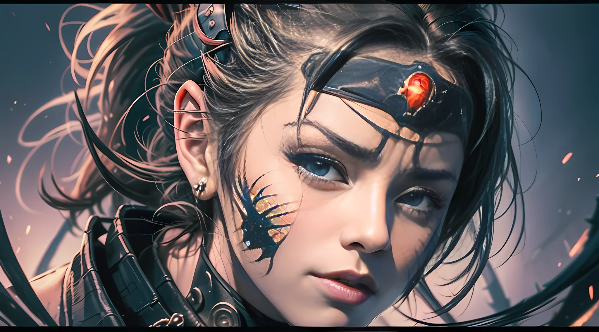 (jconemb ninja) portrait, female ninja (masterpiece: 1, 2), best quality, high resolution, original, very detailed, looking at the viewer, (cowboy lens: 1.2), upper body, perfect lighting, (very detailed: 1.2), (8k: 1.1), ninja headband, (ninja, shinobi)