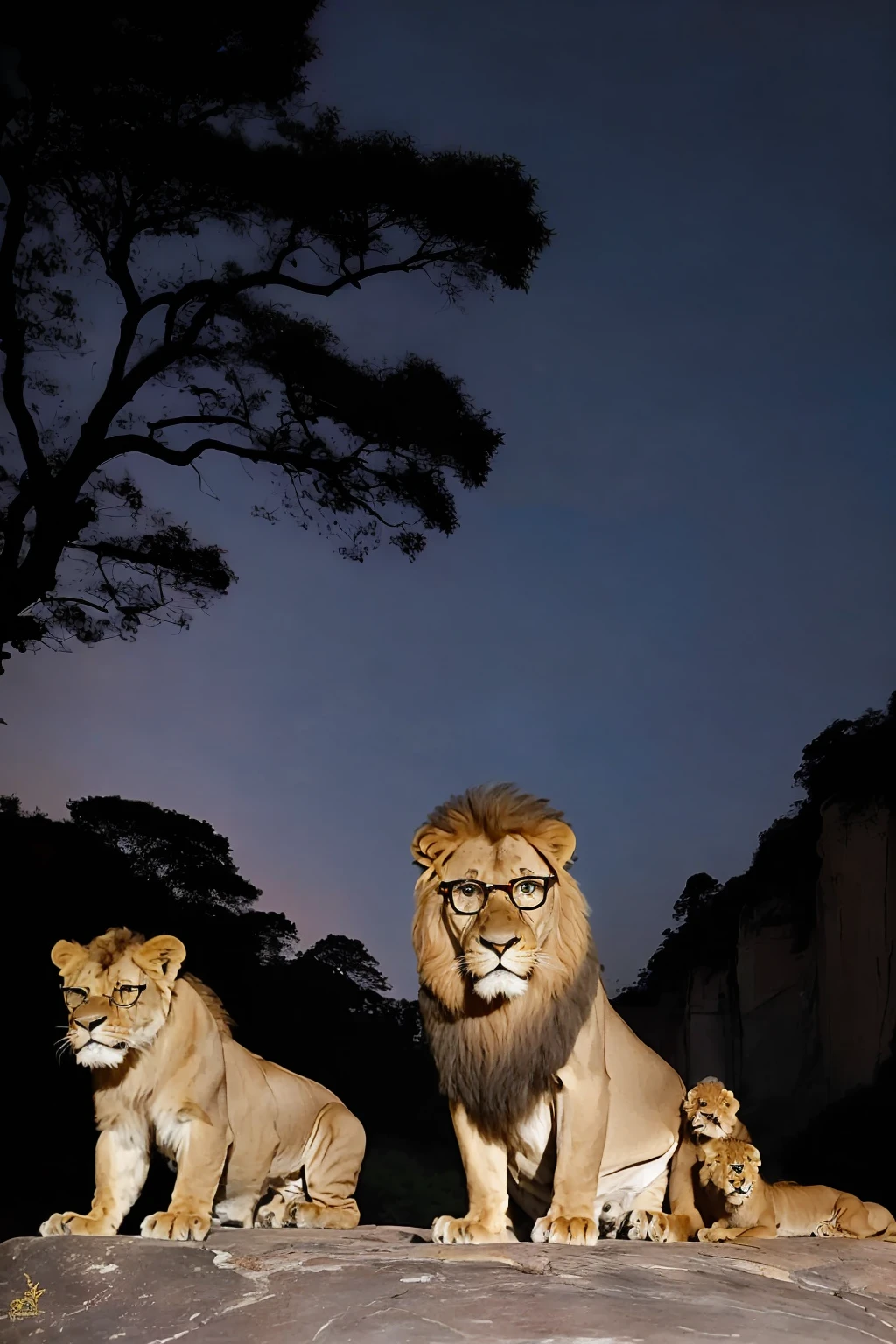 guttonerdvision5, (((a 3-year-old boy wearing glasses, detailed and realistic face))), ((a family of lions, male lion, female lioness)), (((cute cubs)). Scene on a rock, realistic, ultra detailed, reddish sky, sunset, real, professional photography, dslr