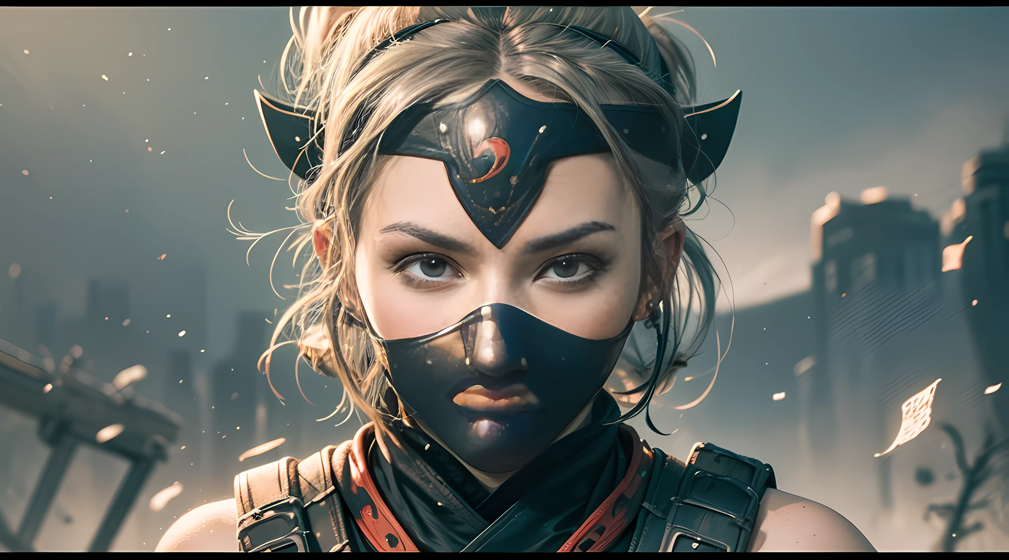 (jconemb ninja) portrait, female ninja (masterpiece: 1, 2), best quality, high resolution, original, very detailed, looking at the viewer, (cowboy lens: 1.2), upper body, perfect lighting, (very detailed: 1.2), (8k: 1.1), ninja headband, (ninja, shinobi)