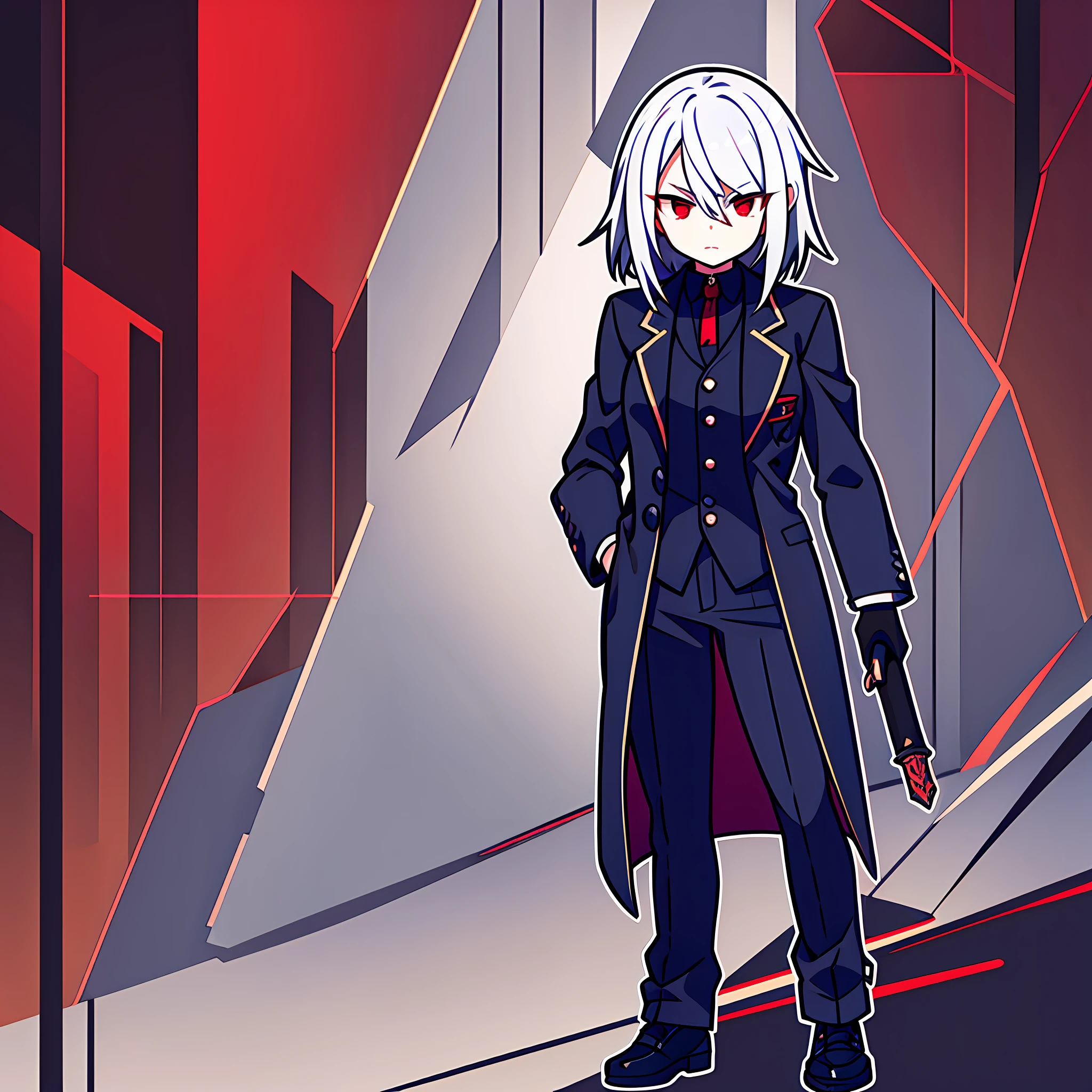 Boyish woman, around 30s, silver hair, two-block hair, red eyes, coat, suit, shoes, gloves, Japan sword, dark atmosphere cool illustration