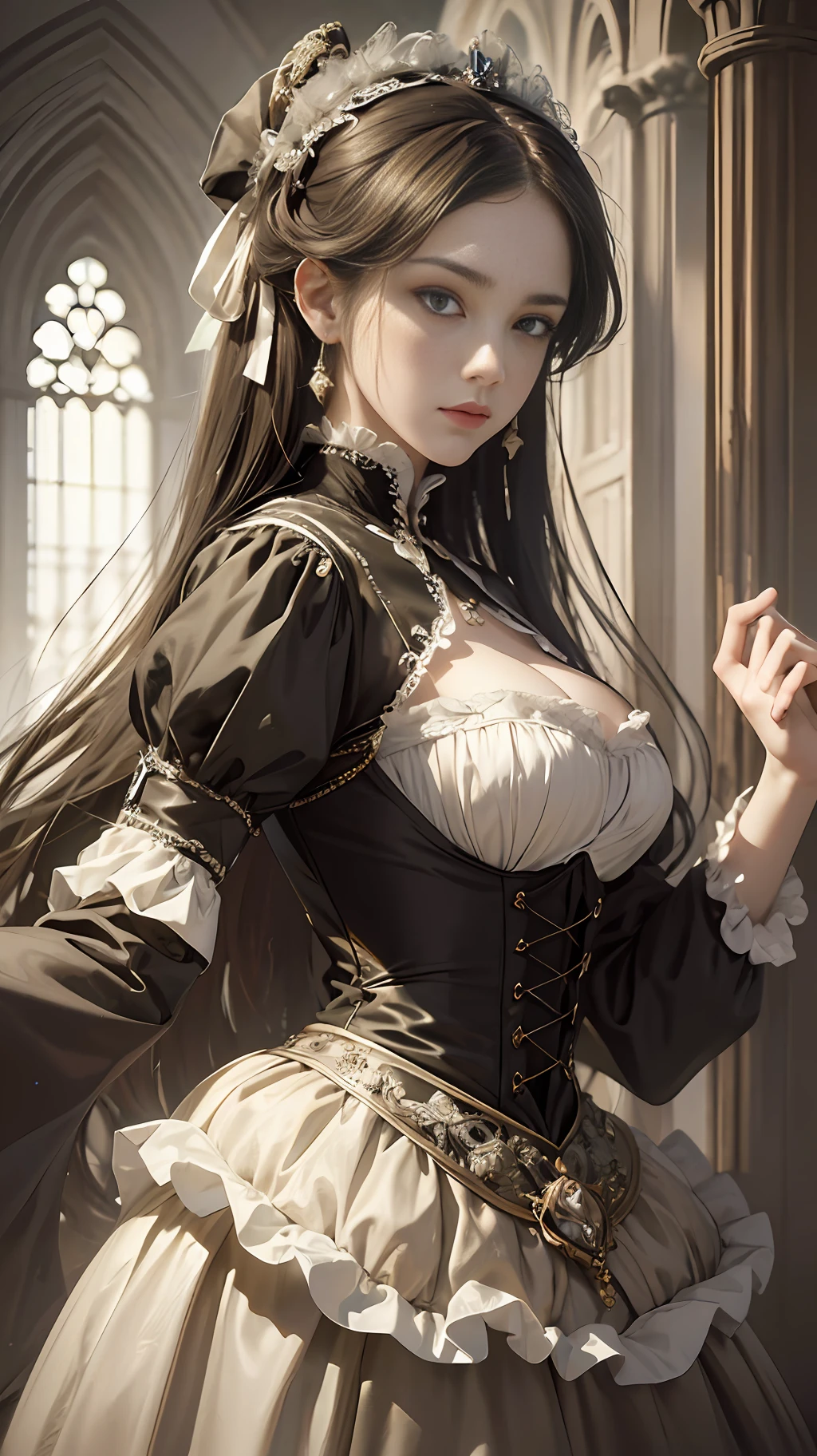 (Pure Color: 0.9), (Color: 1.1), (Masterpiece: 1,2), Best Quality, Masterpiece, High Resolution, Original, Highly Detailed Wallpaper, Beauty, Victorian, Dress, Sad, Small Face, Big Breasts, Sepia Color, 30 years old --auto --s2