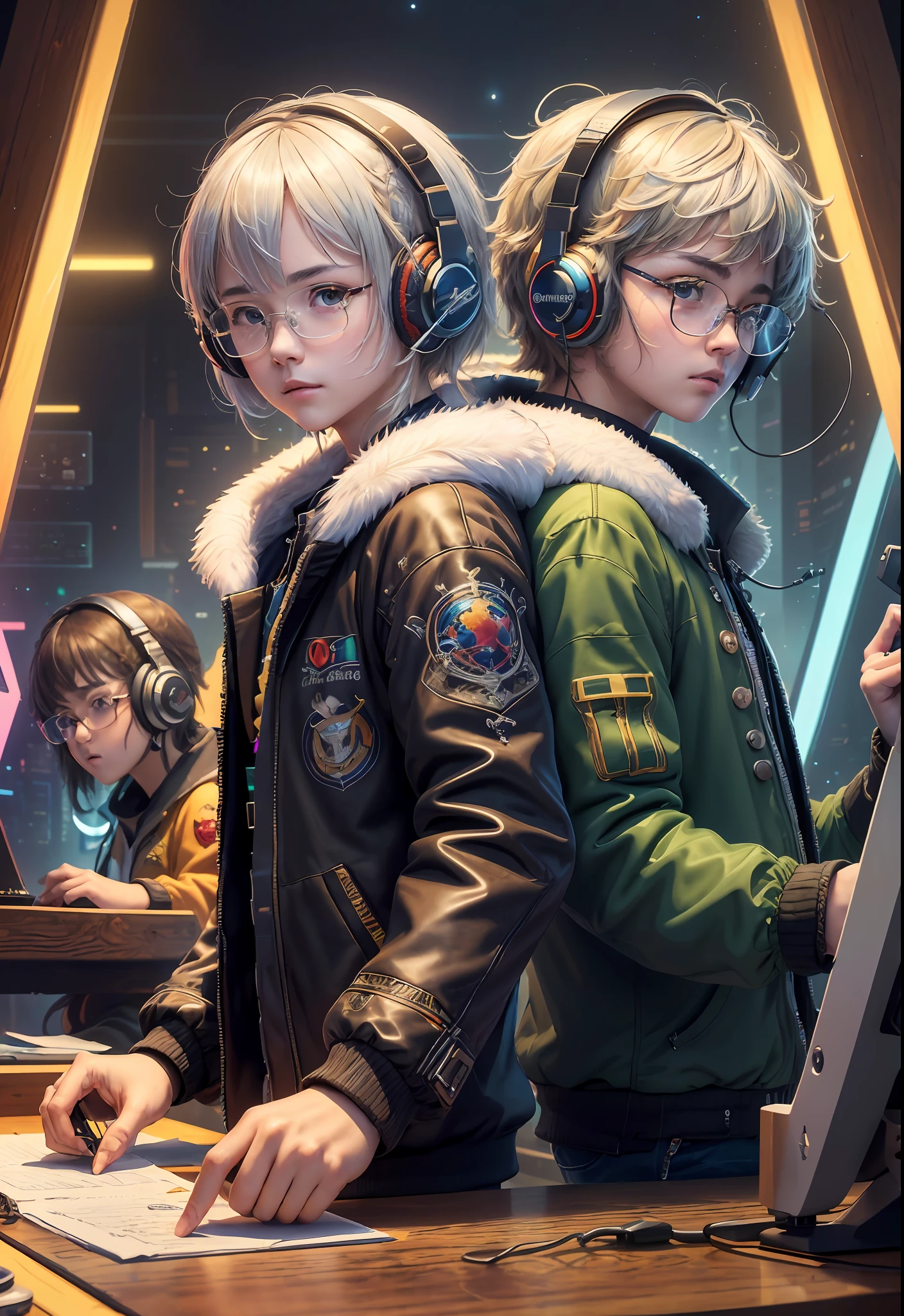 Masterpiece, Best Illustration, Solo, Multiplayer, Handsome Glasses-kun, White-haired Boy, Blonde Girl, Seated, Keyboard \ (Computer \), Fur Decoration, Computer, Monitor, Hood, Jacket, Hood Down (Chair, Headphones, City, Instrument, Cyberpunk, Wooden Toys,\(\(Intricate Details\)\), Color Details, Rainbow Color BREAK, \(\(Best Quality of Masterpiece\)\), 4K, Ultra Detail, Detailed Lighting, \((Inspired by Hayao Miyazaki)\), Official Art, Propaganda art, composition, a giant mirror ball floating in space, twinkling lights, sad lost, particles in the air, intricate fractals, detailed, (illustration), masterpiece, high resolution, best quality. Illuminate people, colorful, master composition, focus on key figures, realism, masterpiece, award-winning, best quality, masterpiece, ultra-detailed, 8K, extremely detailed CG Unity 8k wallpaper, complex, highly detailed, realistic