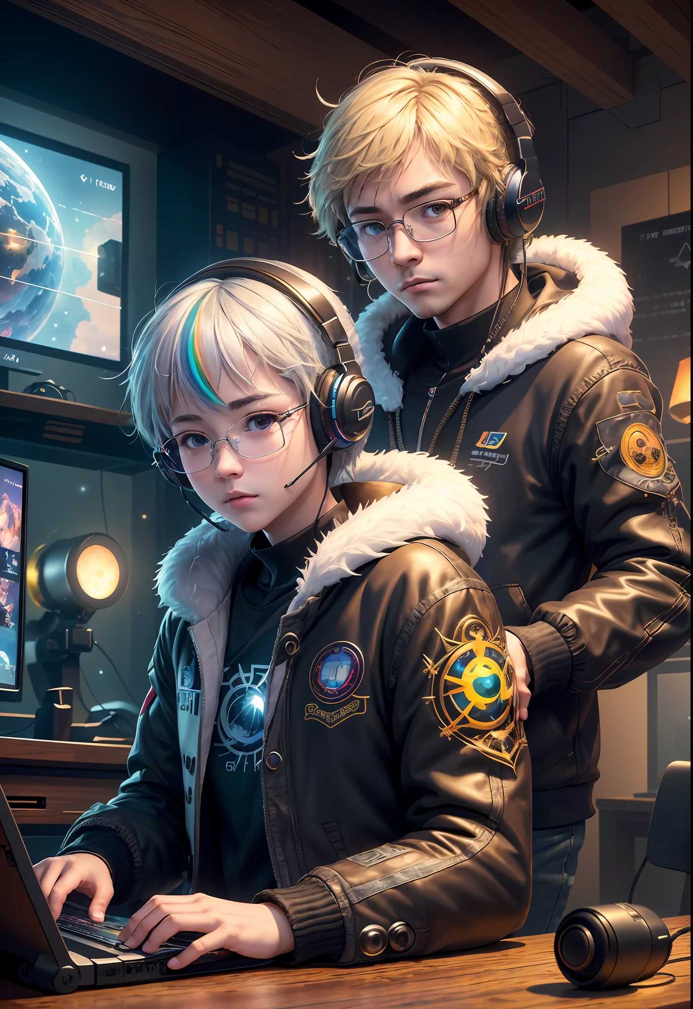 Masterpiece, Best Illustration, Solo, Multiplayer, Handsome Glasses-kun, White-haired Boy, Blonde Girl, Seated, Keyboard \ (Computer \), Fur Decoration, Computer, Monitor, Hood, Jacket, Hood Down (Chair, Headphones, City, Instrument, Cyberpunk, Wooden Toys,\(\(Intricate Details\)\), Color Details, Rainbow Color BREAK, \(\(Best Quality of Masterpiece\)\), 4K, Ultra Detail, Detailed Lighting, \((Inspired by Hayao Miyazaki)\), Official Art, Propaganda art, composition, a giant mirror ball floating in space, twinkling lights, sad lost, particles in the air, intricate fractals, detailed, (illustration), masterpiece, high resolution, best quality. Illuminate people, colorful, master composition, focus on key figures, realism, masterpiece, award-winning, best quality, masterpiece, ultra-detailed, 8K, extremely detailed CG Unity 8k wallpaper, complex, highly detailed, realistic