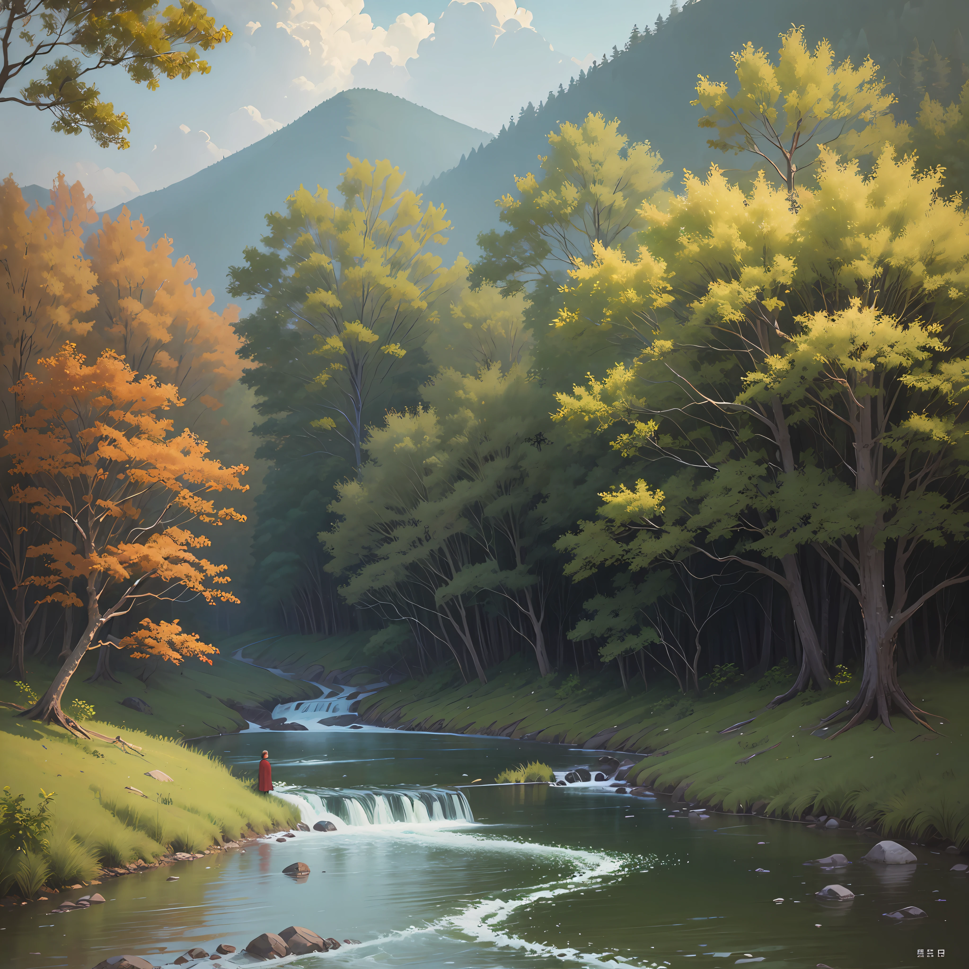 Big trees, streams, old age, quiet painting style, the back of the left-behind elderly in rural China, the corner of life, lonely and lonely. Shoot from a distance --auto --s2