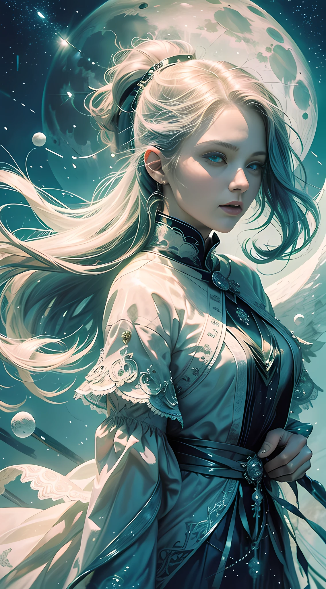 Masterpiece, (Best Quality: 1.2), (Super Fine: 1.2), Illustration, (Extremely Delicate and Beautiful: 1.2), Film Angle, Floating, (Beautiful Detail Eye: 1.1), (Detail Light: 1.1), Film Lights, Delicate Sky, Woman, White Hair, Blue Eyes, (High Ponytail: 1.1), Cloak, Glowing Eyes, (Moon: 1.2), (Moonlight: 1.1), Starry Sky, (Light Particles: 1.1), Fog , snow painting, sketching, blooming