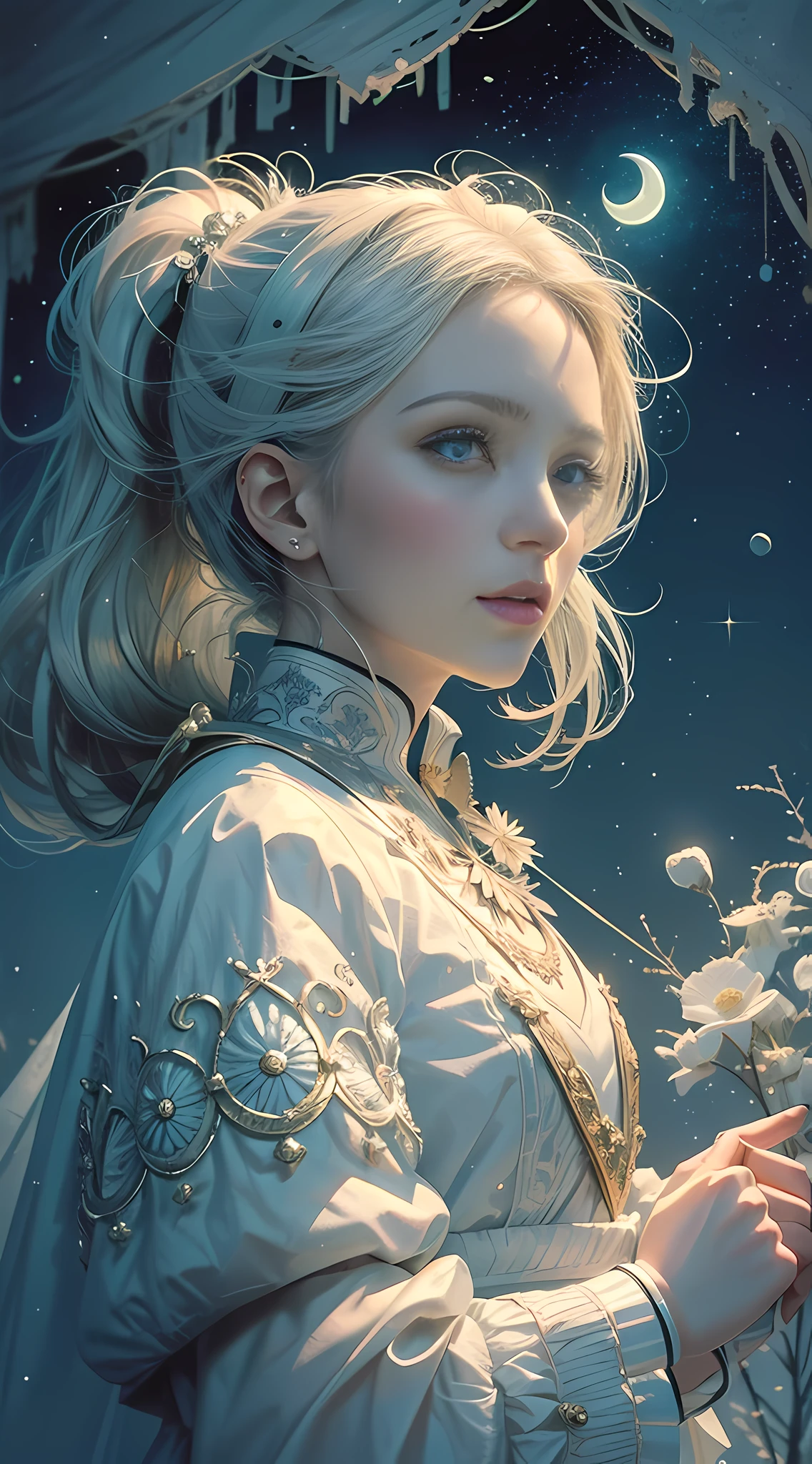 Masterpiece, (Best Quality: 1.2), (Super Fine: 1.2), Illustration, (Extremely Delicate and Beautiful: 1.2), Film Angle, Floating, (Beautiful Detail Eye: 1.1), (Detail Light: 1.1), Film Lights, Delicate Sky, Woman, White Hair, Blue Eyes, (High Ponytail: 1.1), Cloak, Glowing Eyes, (Moon: 1.2), (Moonlight: 1.1), Starry Sky, (Light Particles: 1.1), Fog , snow painting, sketching, blooming