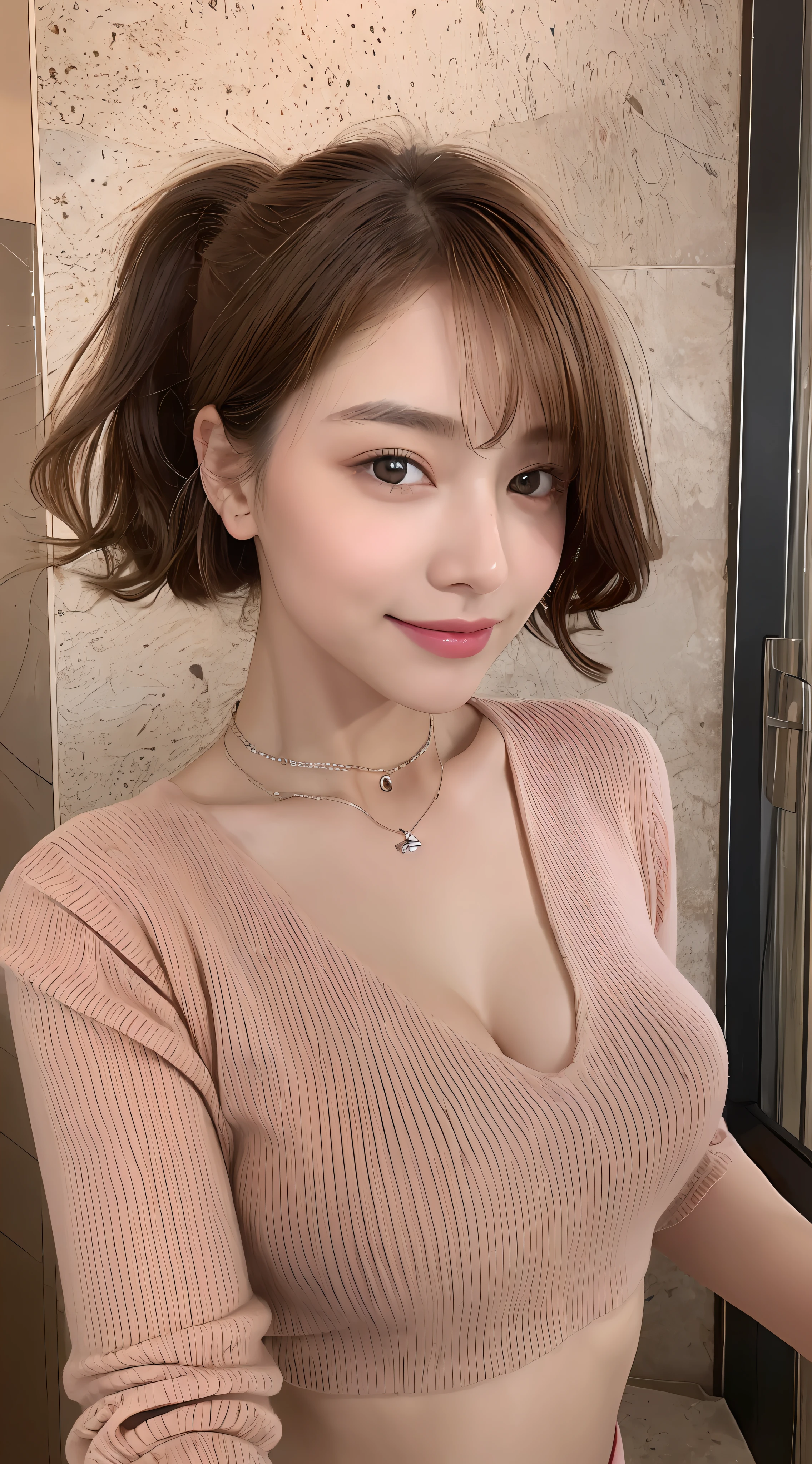 ((Night, Realistic Light, Best Quality, 8K, Masterpiece: 1.3)), 1girl, Slim Beauty: 1.4, Abs: 1.1, (Brown hair, Medium breasts: 1.3), Long pink sweater: 1.1, Bathroom, Super fine face, Delicate eyes, Double eyelids, smile, necklace