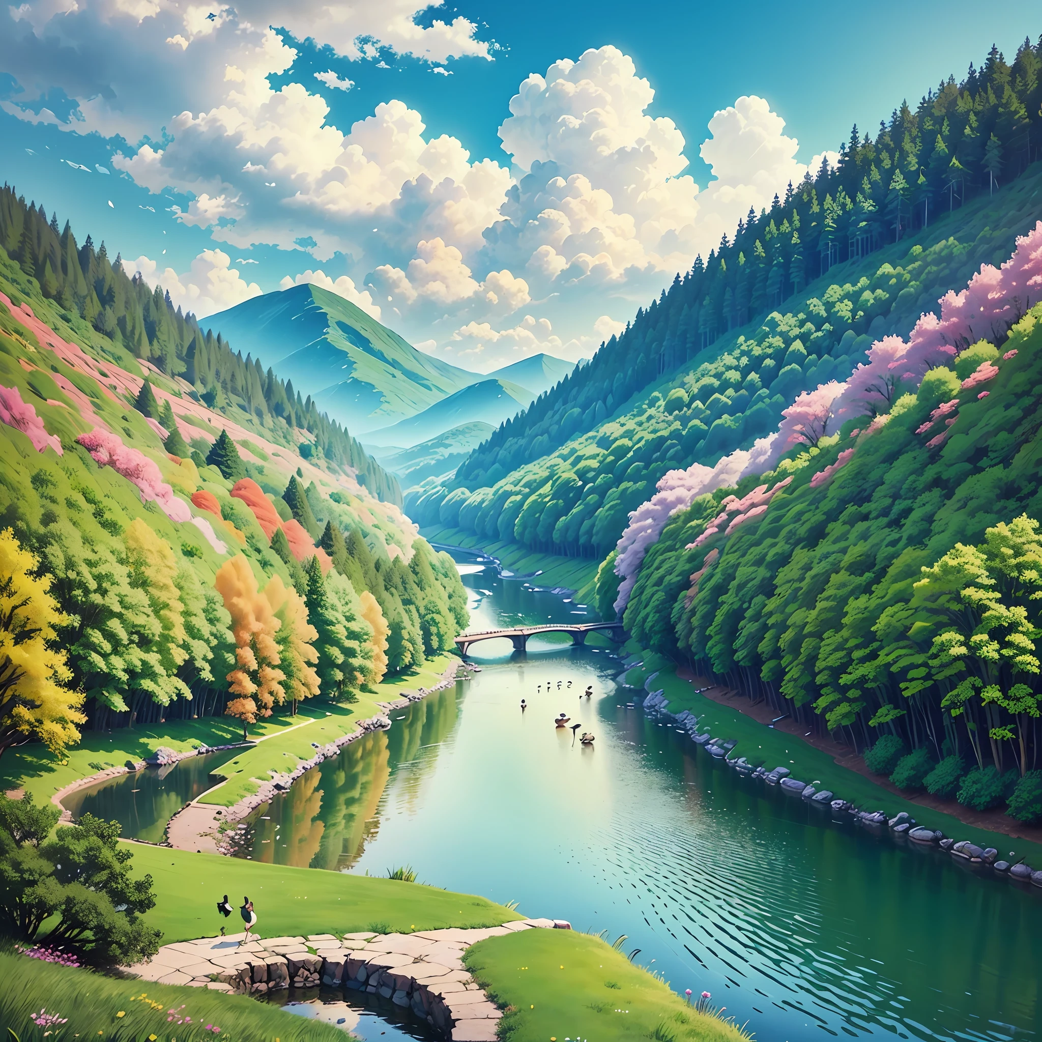 (All Green: 1.1) Lush Hills + (Spring : 1.1) Small House + (Spring : 1.1) Sakura Trees + (Spring : 1.2) Nostalgic Landscapes + (Calm River: 1.1) River + (Calm Bridge: 1.1) Pretty Bridges + (Ducks: 1.1) Ducks + (Sakura Petals on Water: 1.1) Cherry Blossom Petals on the Water ( Colorful Flowers: 1.1) Colorful Flowers + (Vast Lawn: 1.1) Spreading Lawn + (Happy Children: 1.1) Smiling Kids + (Fun Picnic: 1.1) Picnic + (Blue Sky: 1.1) Blue Sky + (Soft Clouds: 1.1) Soft Clouds + (Pleasant Wind: 1.1) Pleasant Wind + ( Singing Birds:1.1)Birdsong+ (Nature:1.1)Voices of Nature+ (Calm Landscape:1.1)Peaceful Landscapes --auto --s2